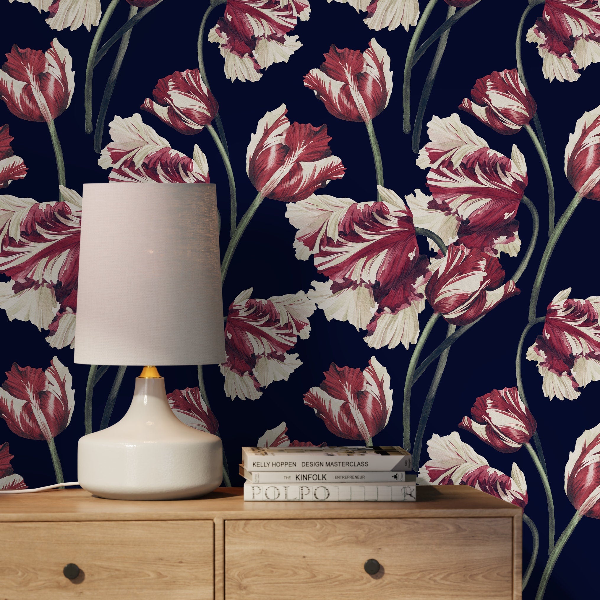 Floral Wallpaper Featuring Vintage Tulips in Red, Cream, and Navy Blue - D647 - Decor Addict, LLC