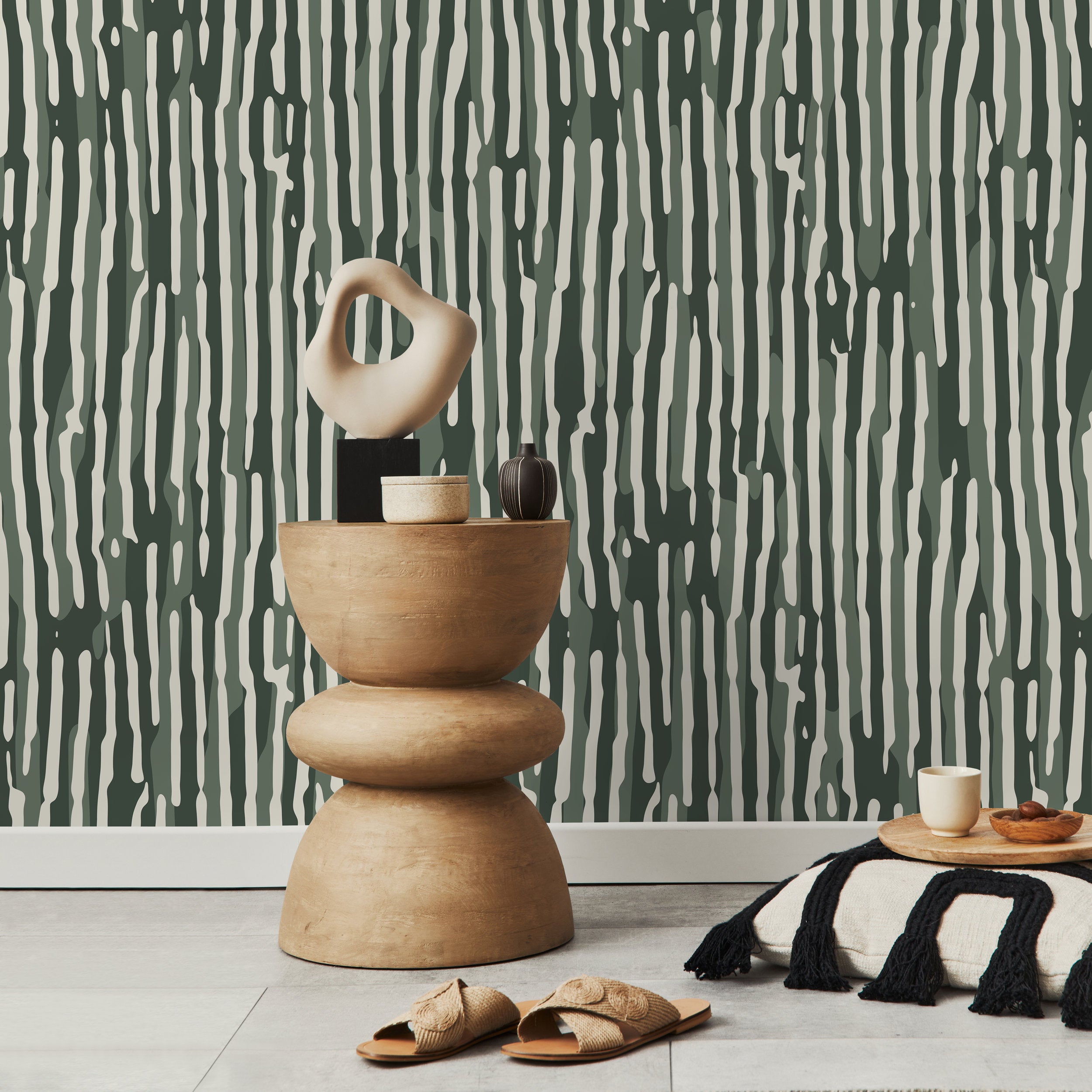 Abstract Wallpaper with Wavy Stripes in Dark Green, Sage, and Off-White - D746 - Decor Addict, LLC