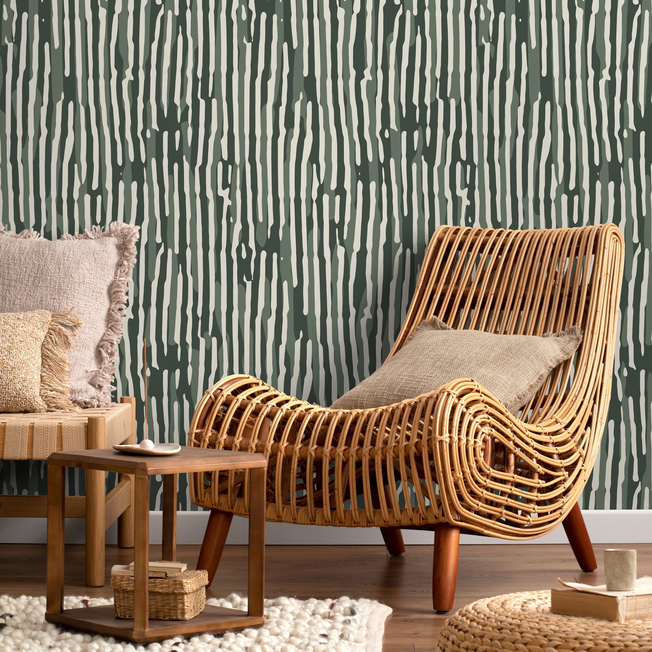 Abstract Wallpaper with Wavy Stripes in Dark Green, Sage, and Off-White - D746 - Decor Addict, LLC