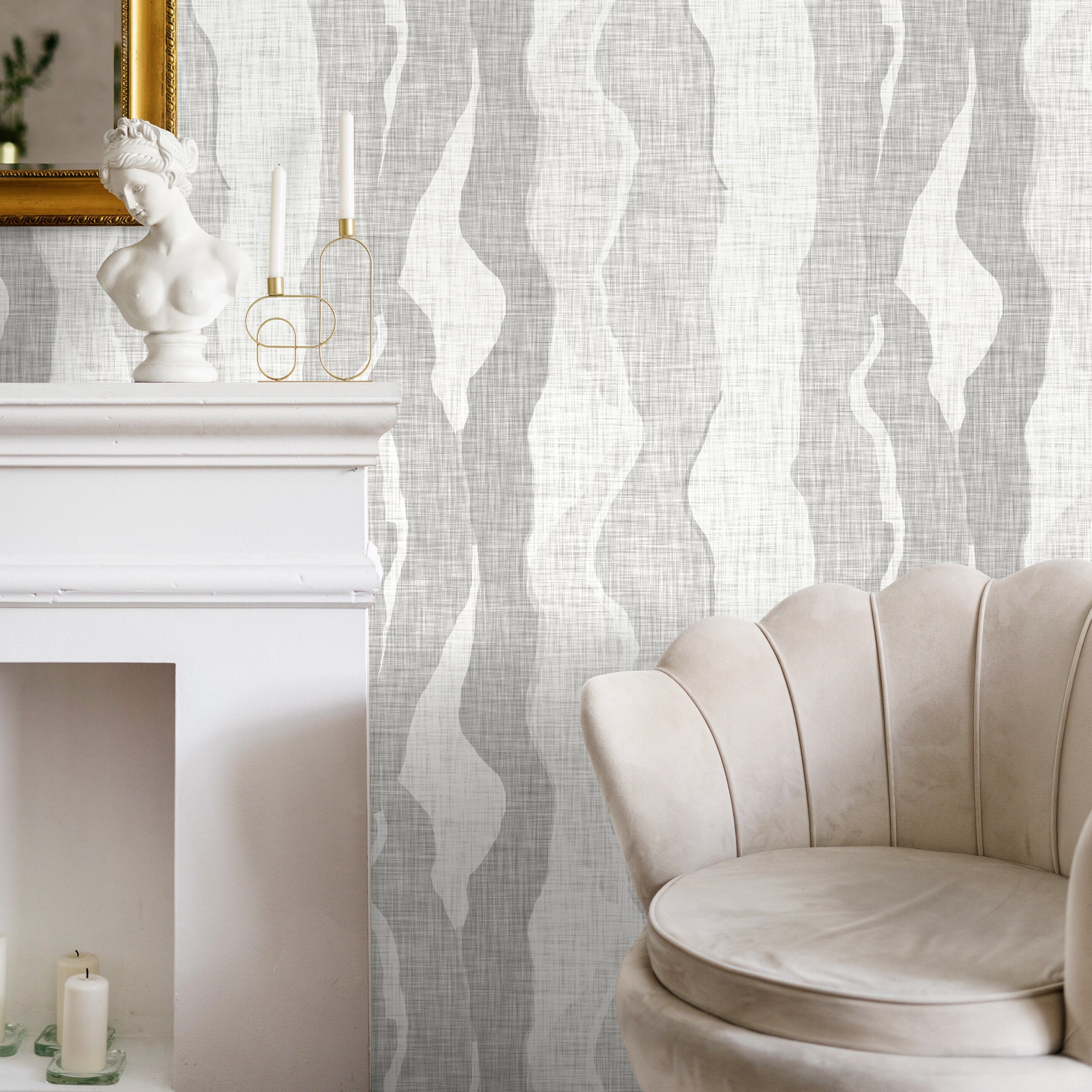 Abstract Wallpaper with Flowing Wave Shapes in Shades of Gray - D797 - Decor Addict, LLC