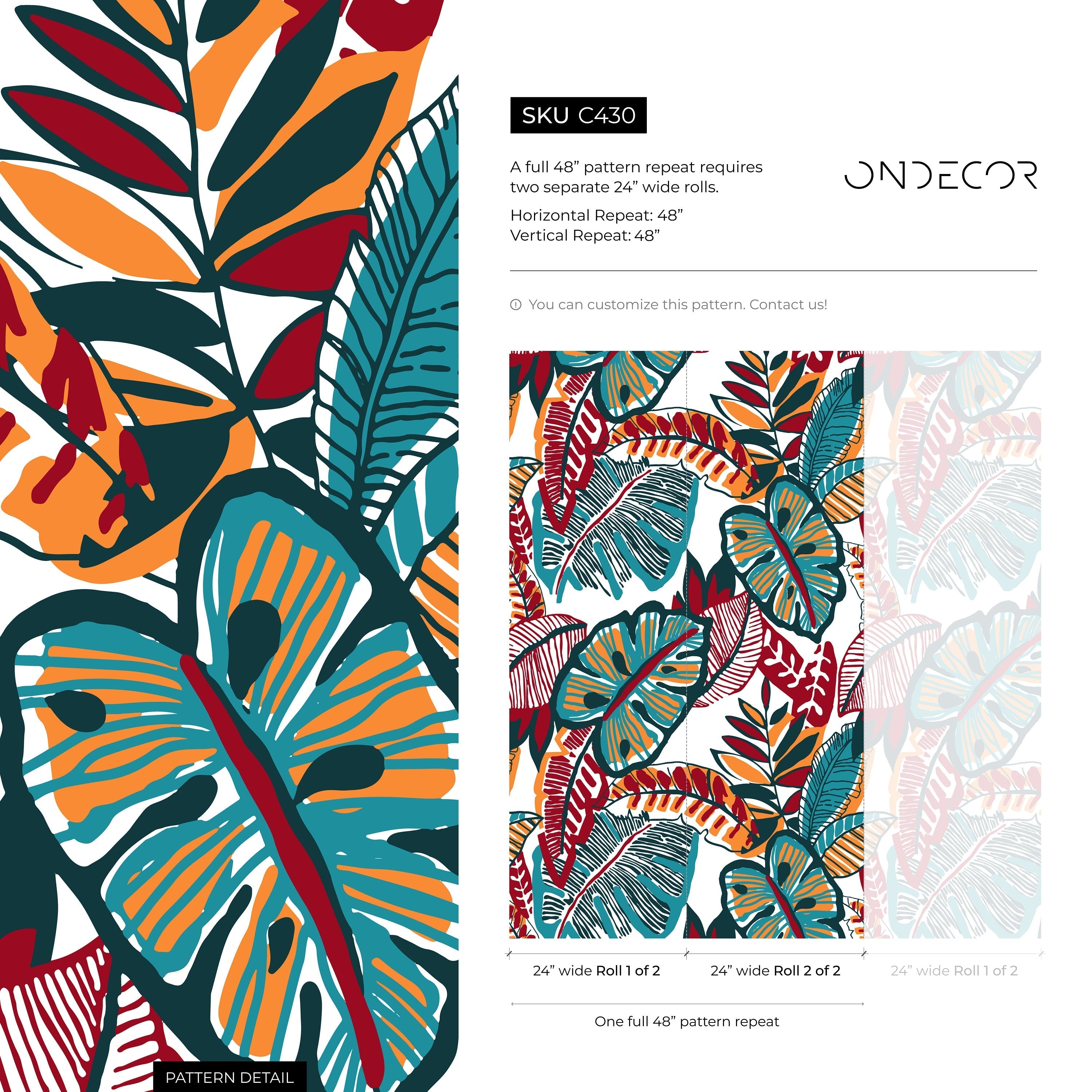 Botanical Wallpaper Featuring Stylized Leaves in Red, Teal, and Orange - C430 - Decor Addict, LLC