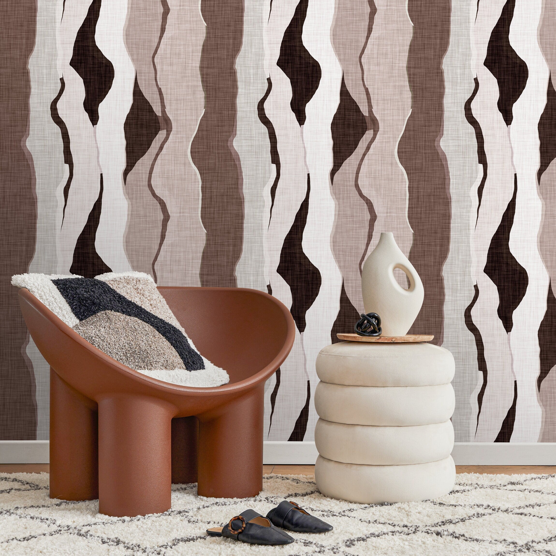 Abstract Wallpaper with Flowing Organic Layers in Brown, Beige, and Off-White - D796 - Decor Addict, LLC