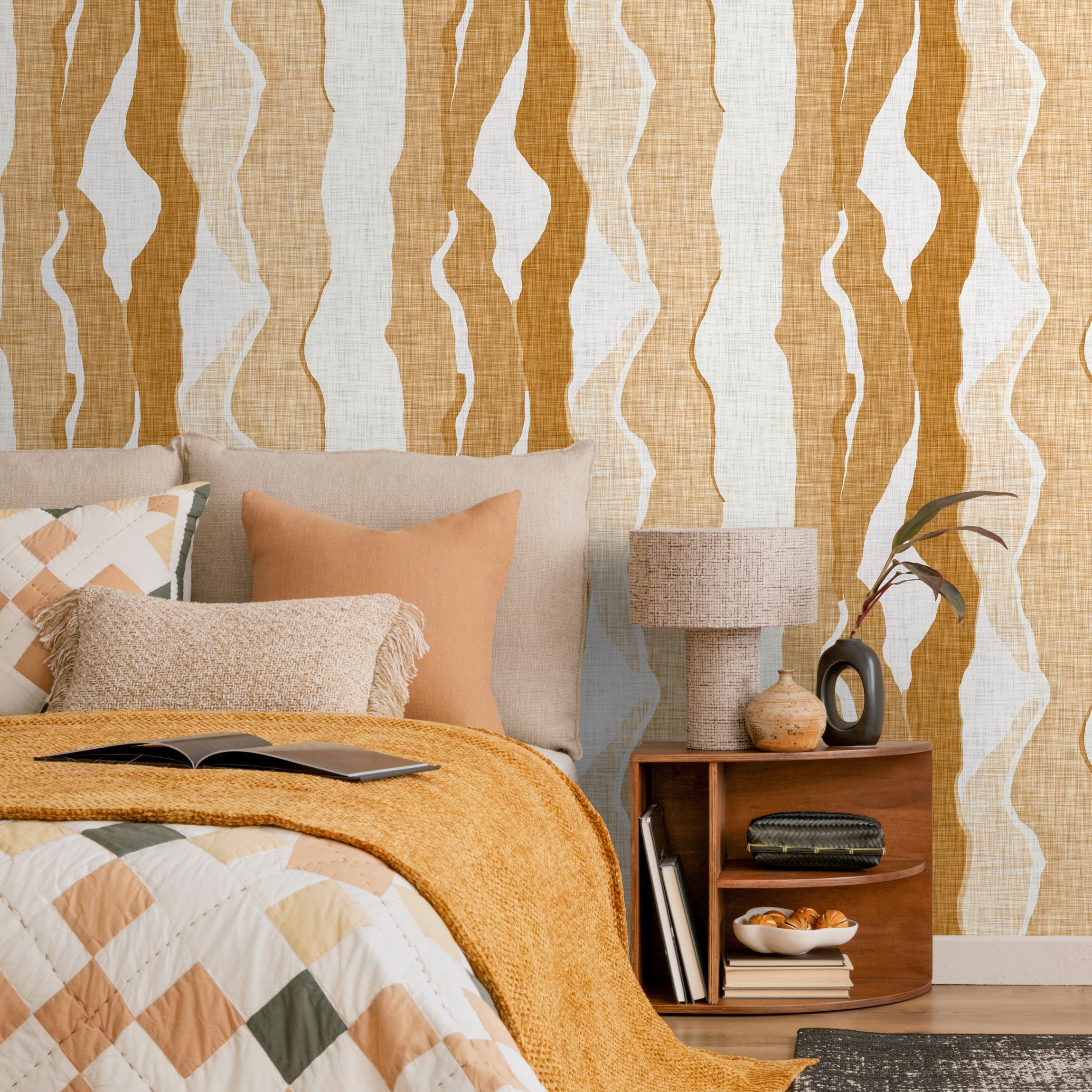 Abstract Wallpaper with Flowing Vertical Waves in Yellow and Ochre - D836 - Decor Addict, LLC