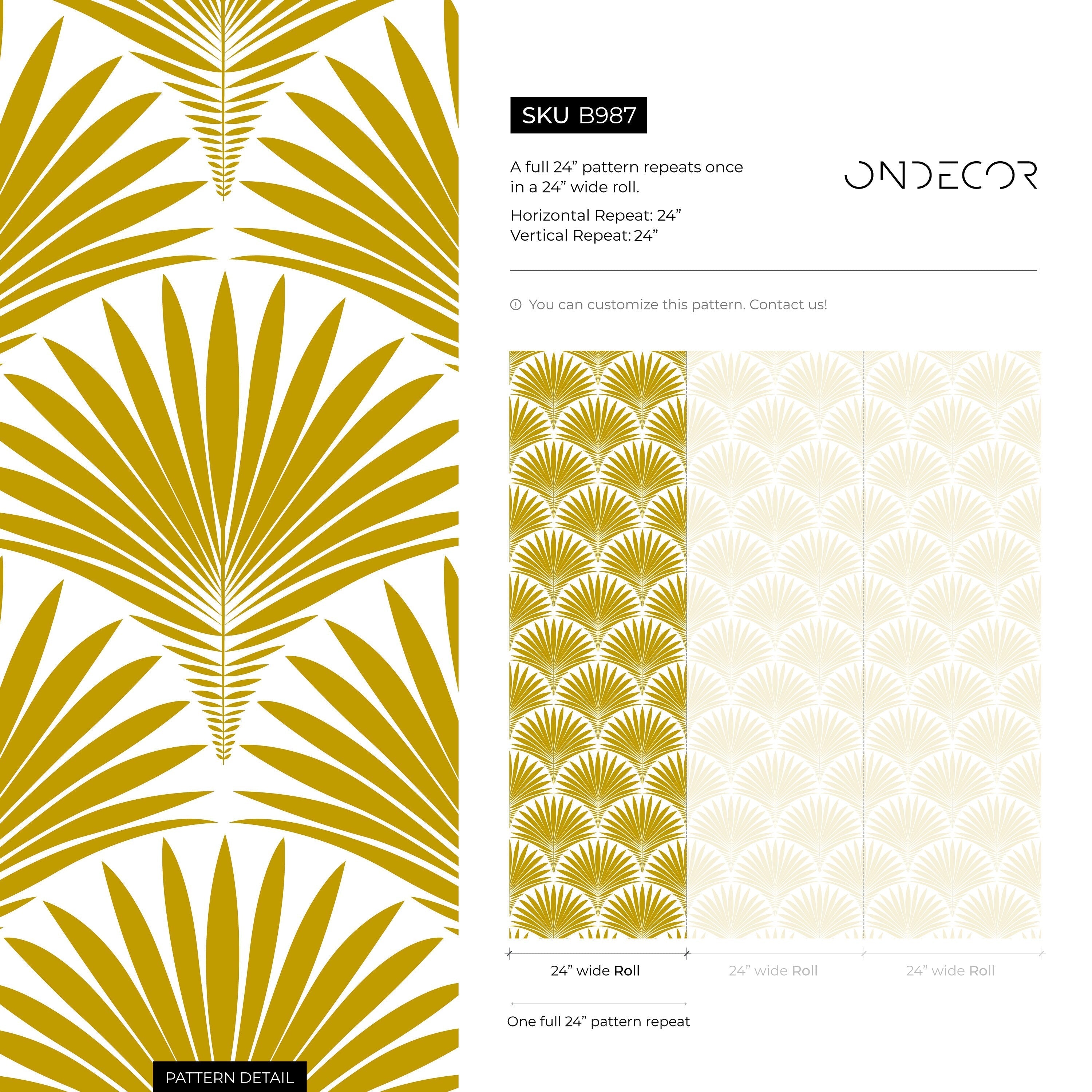 Art Deco Wallpaper with a Stylized Palm Frond Motif in Mustard Yellow - B987 - Decor Addict, LLC