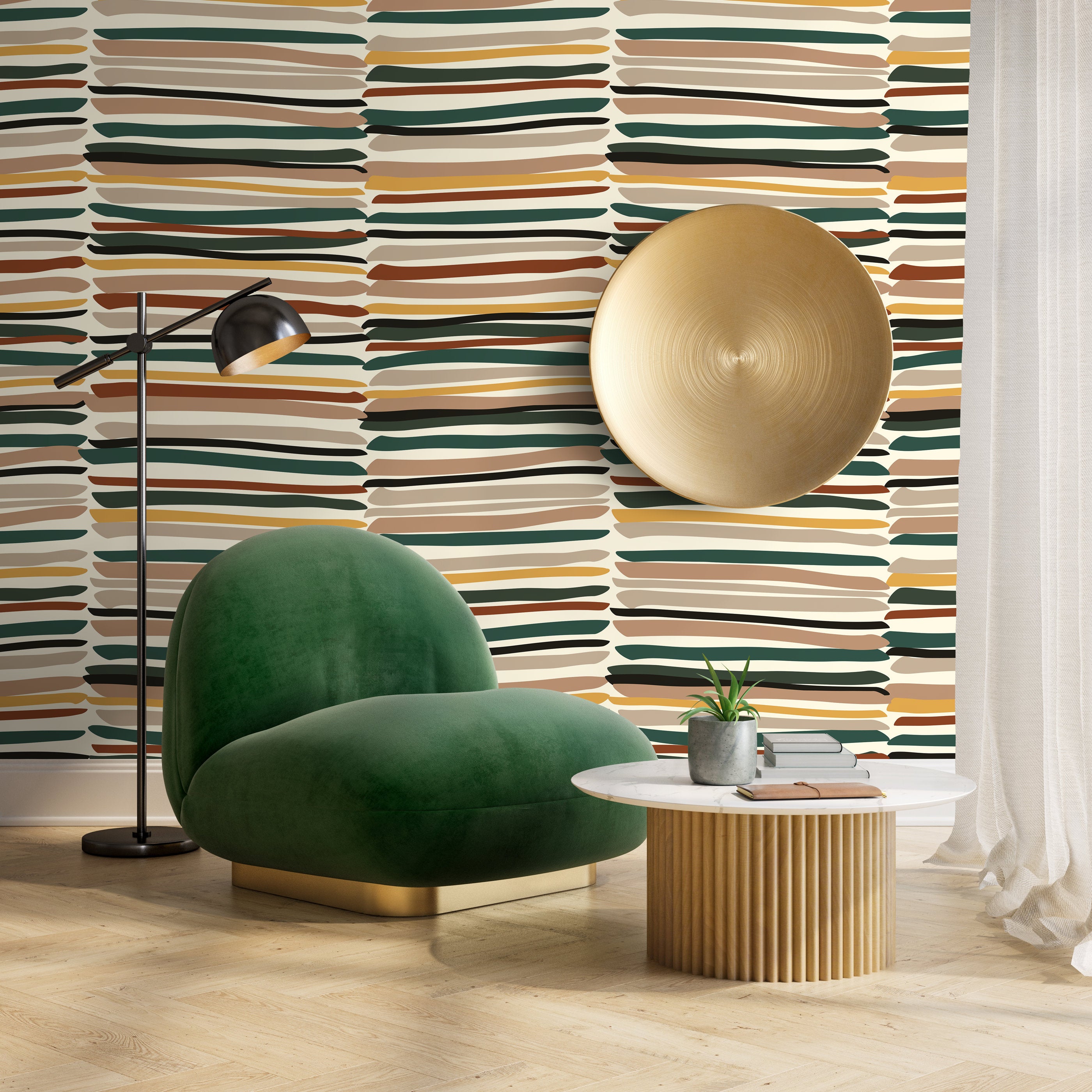 Abstract Wallpaper with Organic Brush Strokes in Green, Brown, and Yellow - D795 - Decor Addict, LLC