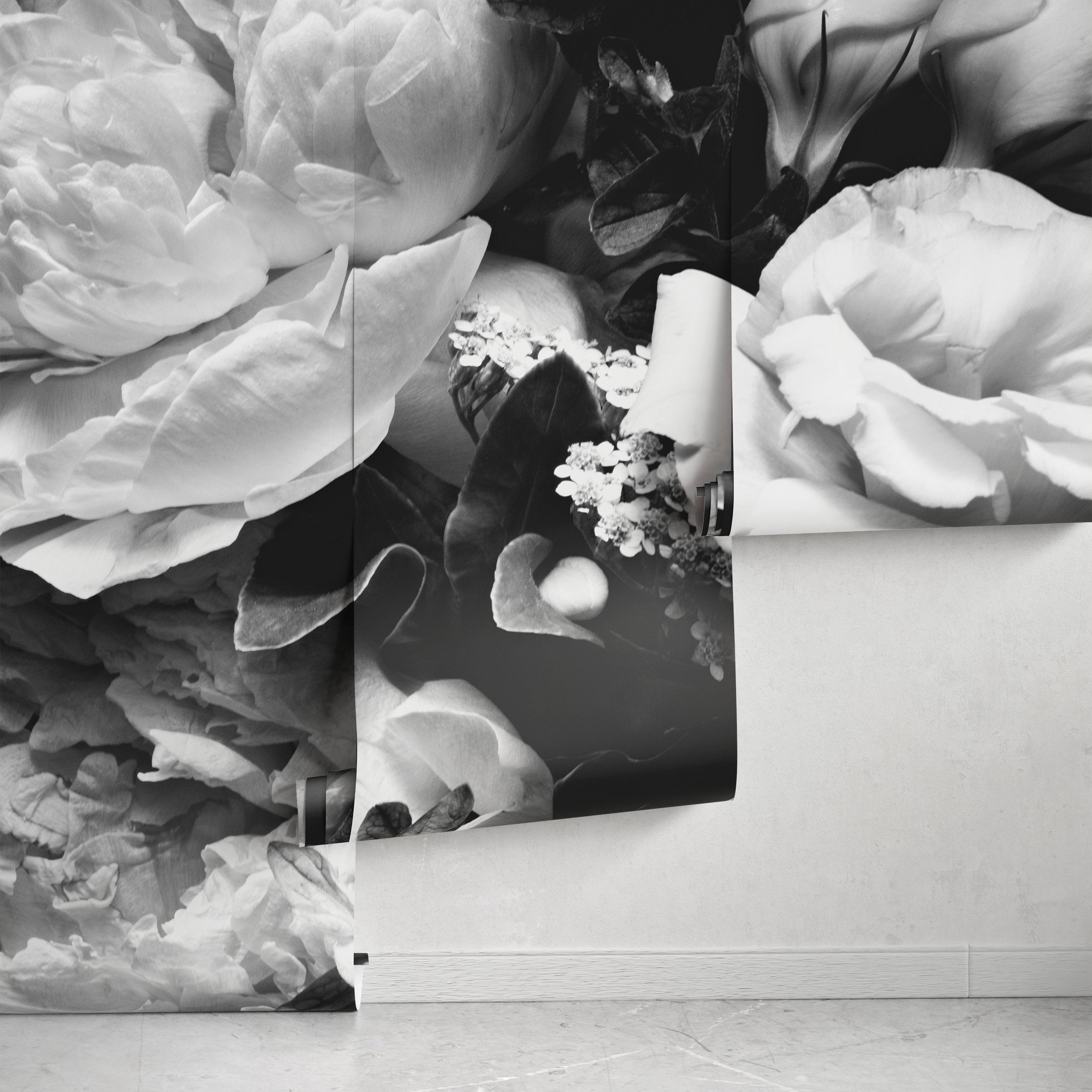 Floral Wallpaper with a Dramatic Peony Bouquet in Black and White - A557 - Decor Addict, LLC