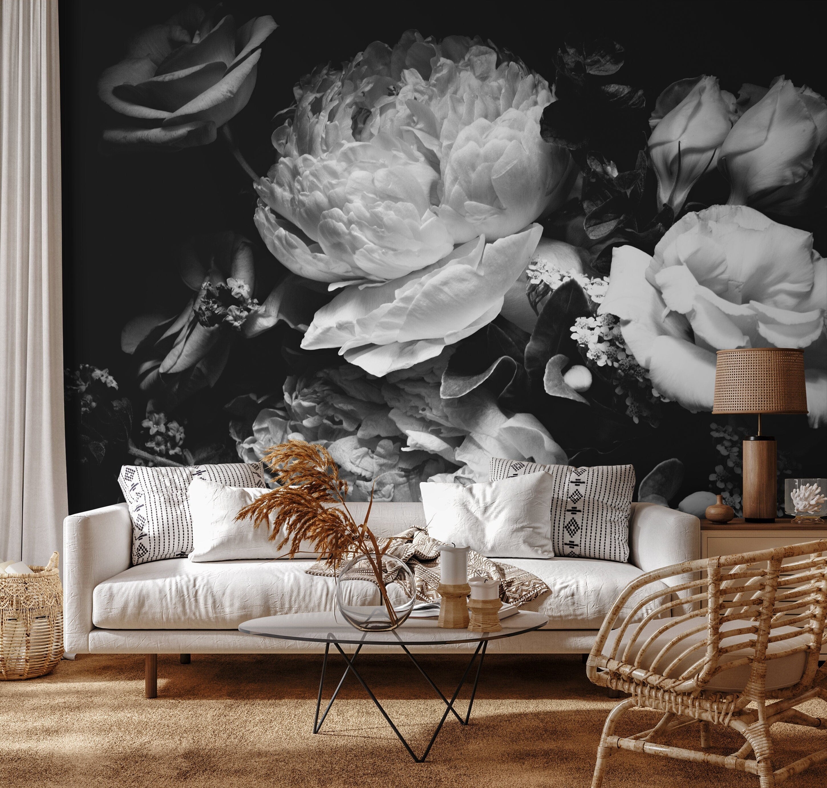 Floral Wallpaper with a Dramatic Peony Bouquet in Black and White - A557 - Decor Addict, LLC
