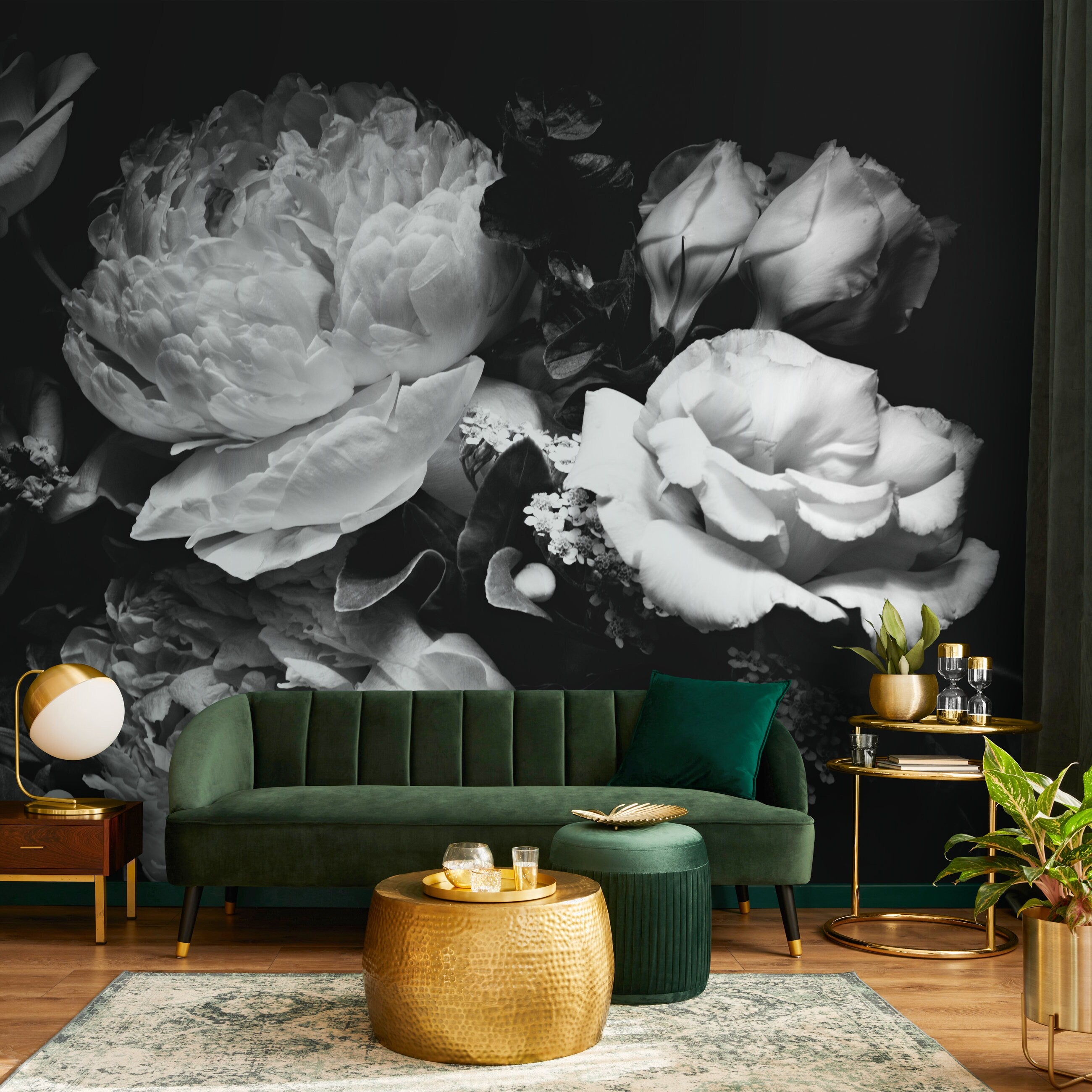 Floral Wallpaper with a Dramatic Peony Bouquet in Black and White - A557 - Decor Addict, LLC