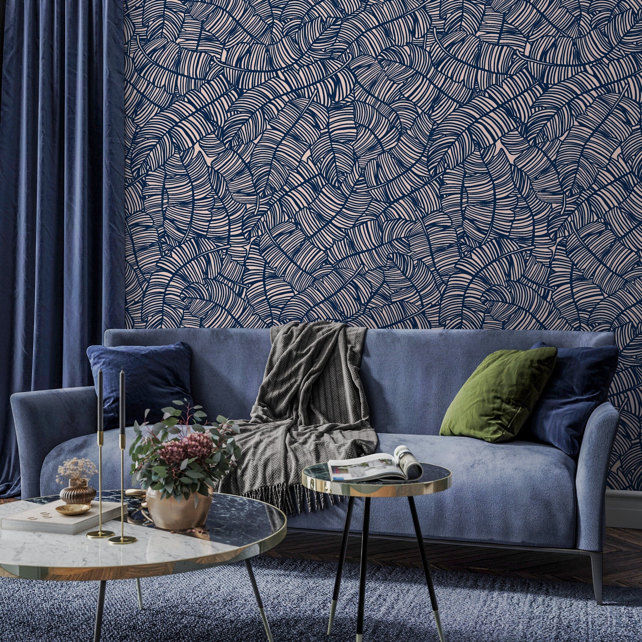 Abstract Wallpaper with a Bold Banana Leaf Motif in Navy Blue and Blush Pink - A016 - Decor Addict, LLC