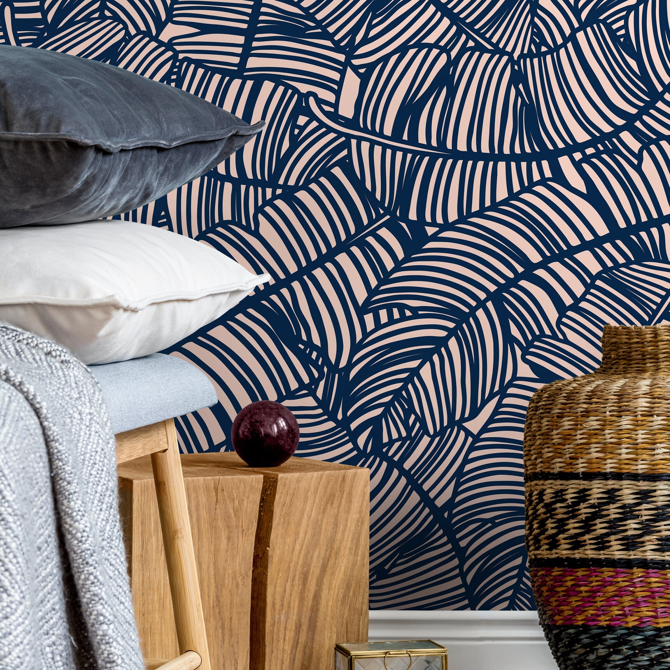 Abstract Wallpaper with a Bold Banana Leaf Motif in Navy Blue and Blush Pink - A016 - Decor Addict, LLC