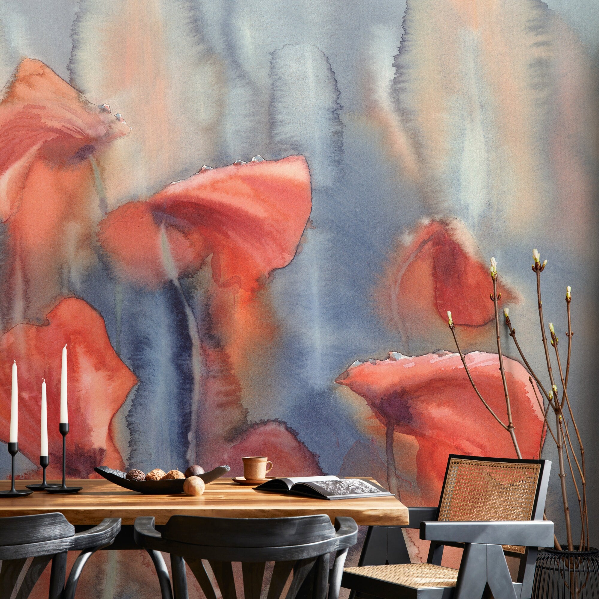 Abstract Wallpaper with Organic Watercolor Shapes in Coral, Blue, and Beige - A131 - Decor Addict, LLC