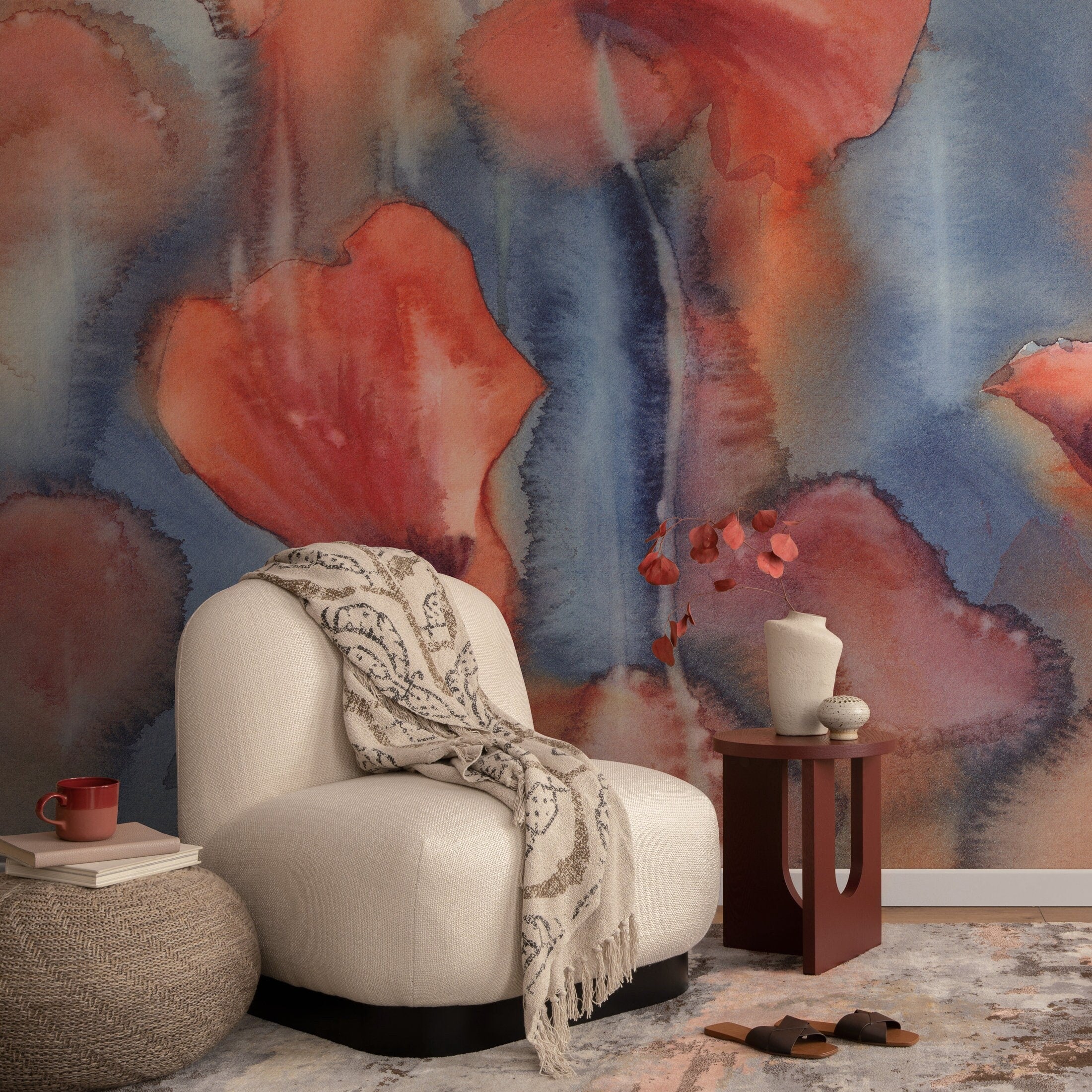 Abstract Wallpaper with Organic Watercolor Shapes in Coral, Blue, and Beige - A131 - Decor Addict, LLC