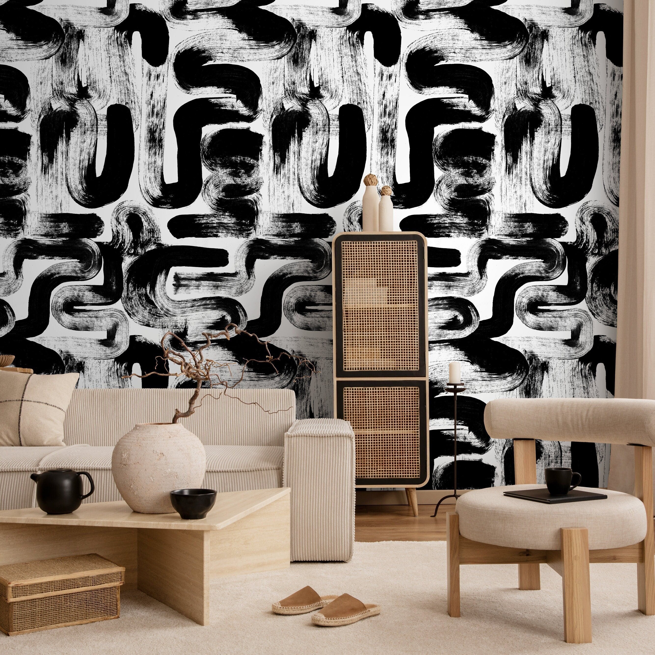 Abstract Wallpaper with Bold Brushstrokes in Black and White - X175 - Decor Addict, LLC