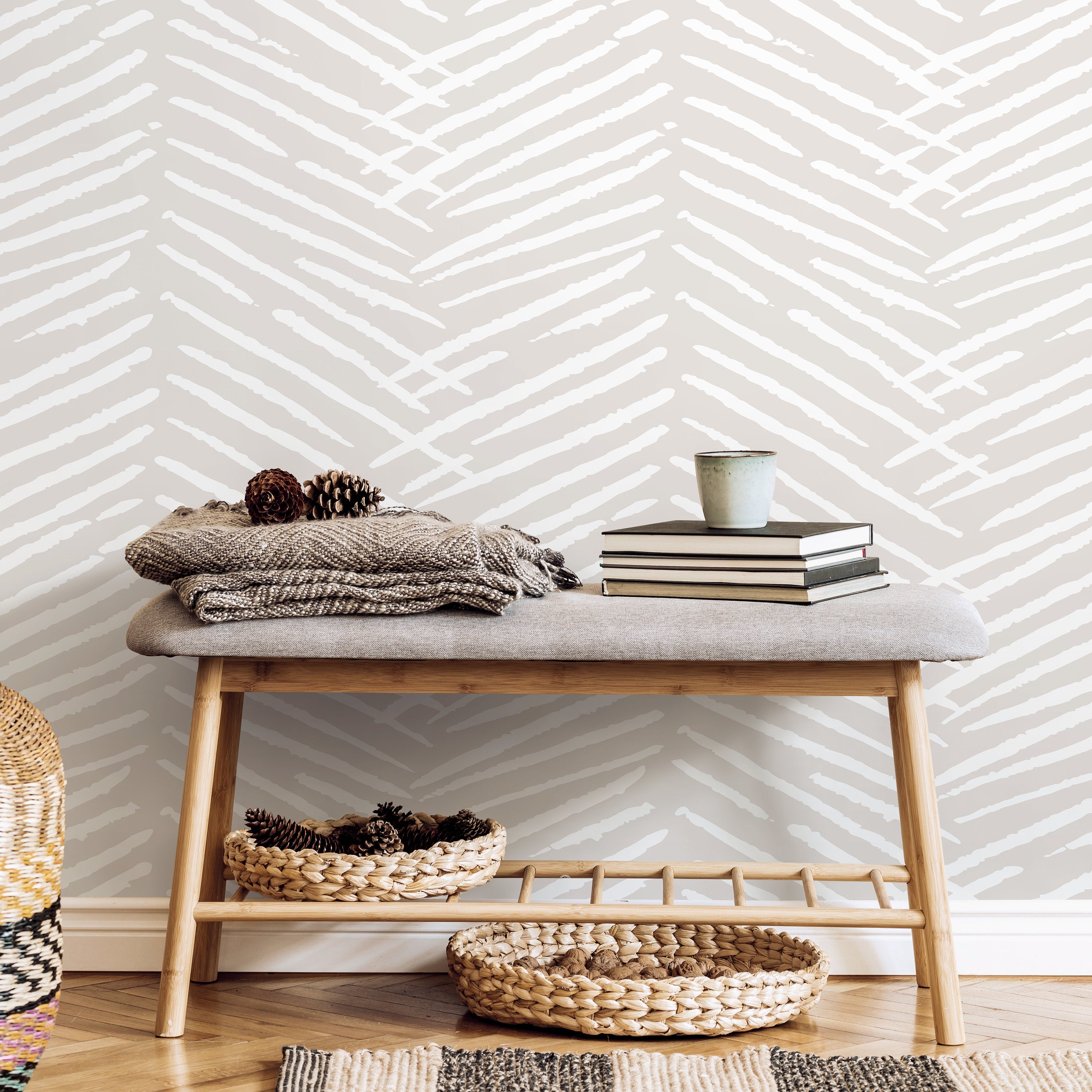 Abstract Wallpaper with a Textured Herringbone Motif in Nude Beige and White - C519 - Decor Addict, LLC