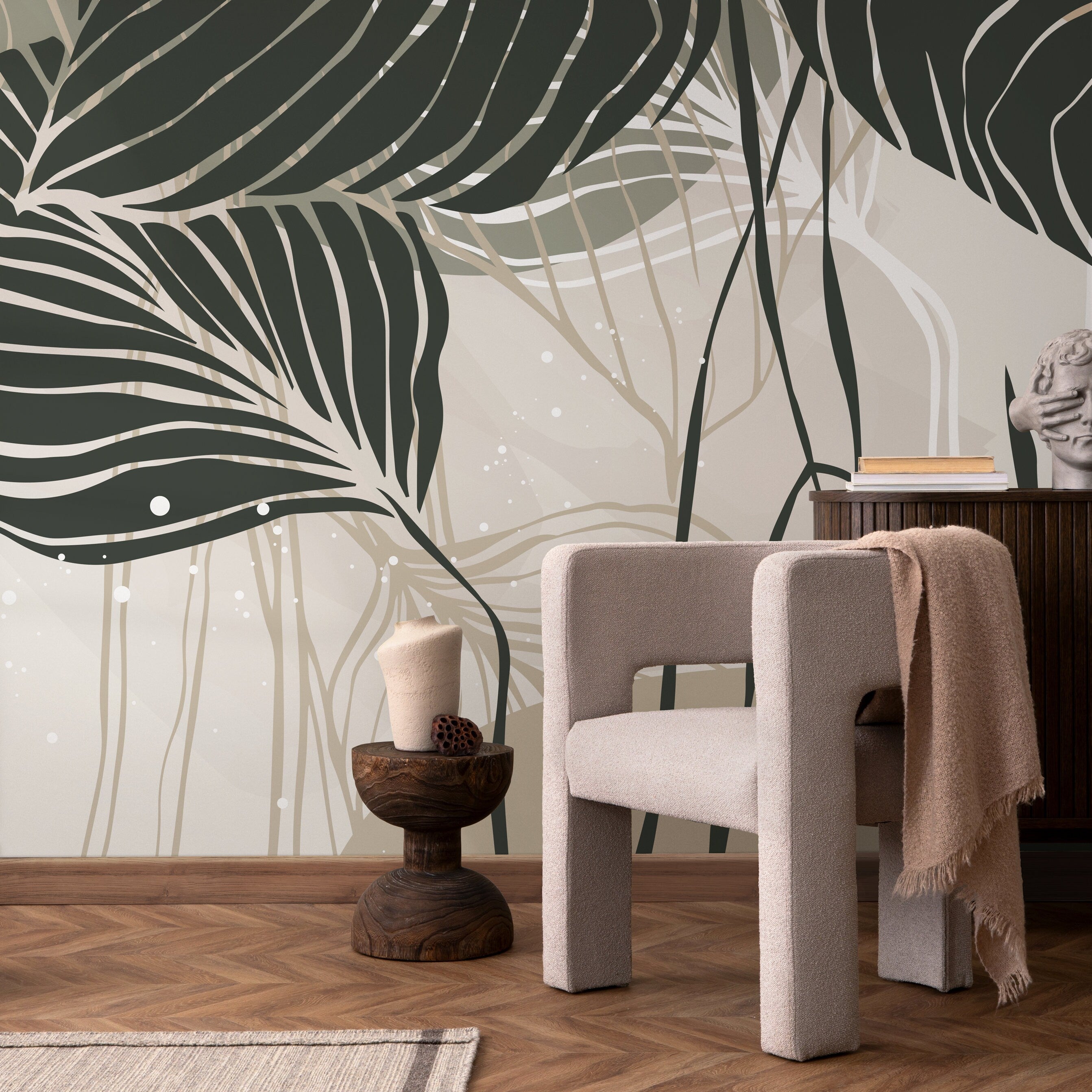 Botanical Wallpaper with Stylized Tropical Leaves in Dark Green, Sage, and Beige - B954 - Decor Addict, LLC