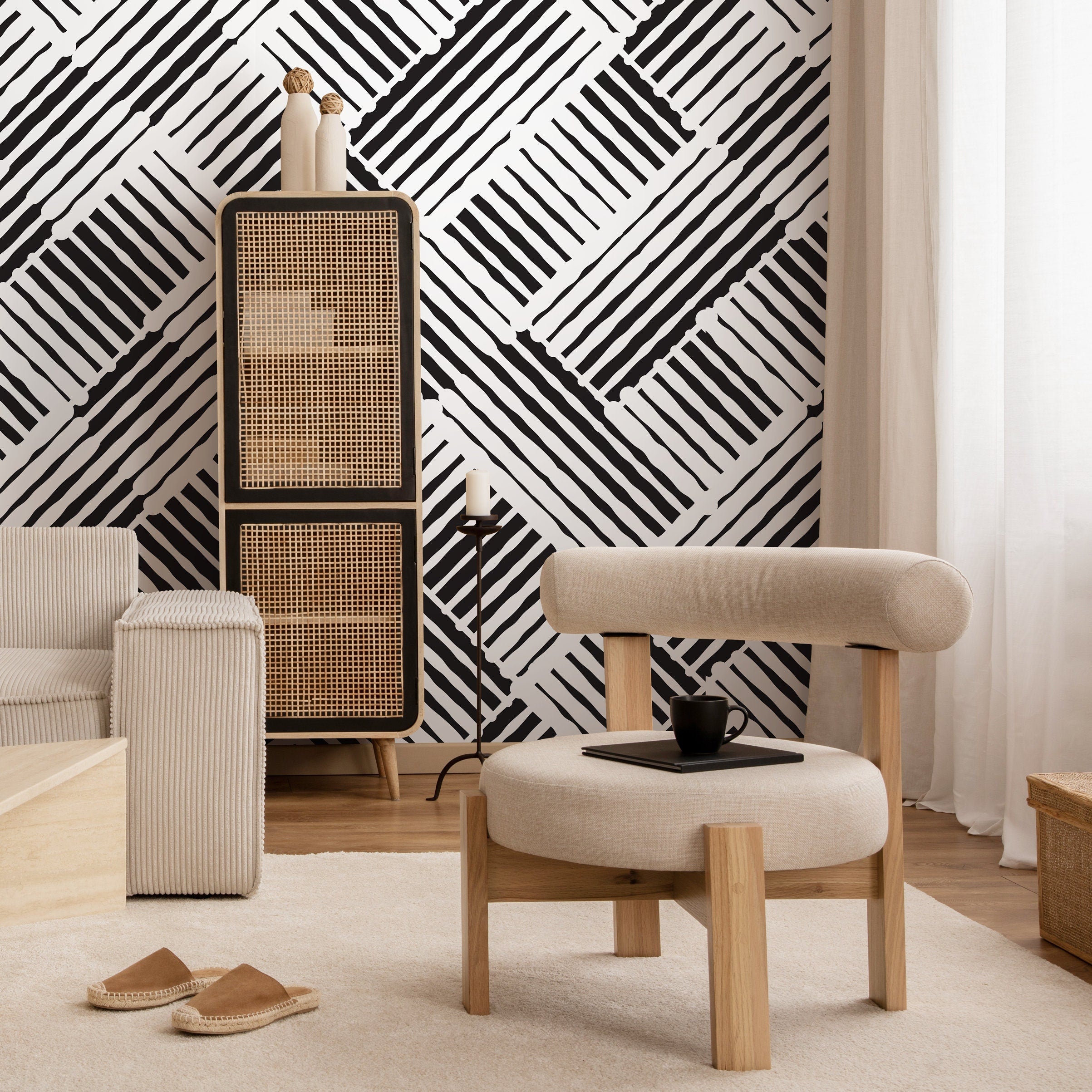 Abstract Wallpaper with a Bold Woven Line Motif in Black and White - B409 - Decor Addict, LLC