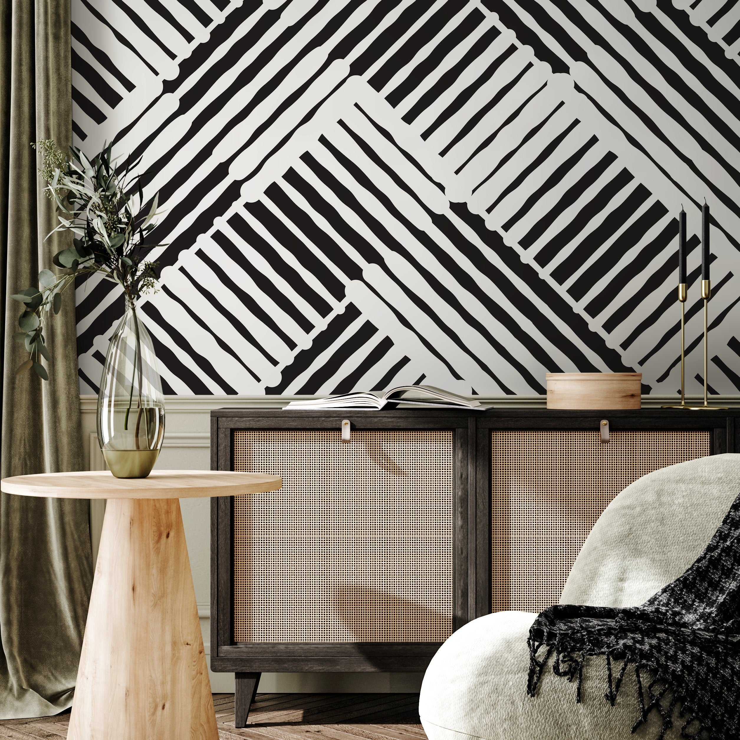Abstract Wallpaper with a Bold Woven Line Motif in Black and White - B409 - Decor Addict, LLC