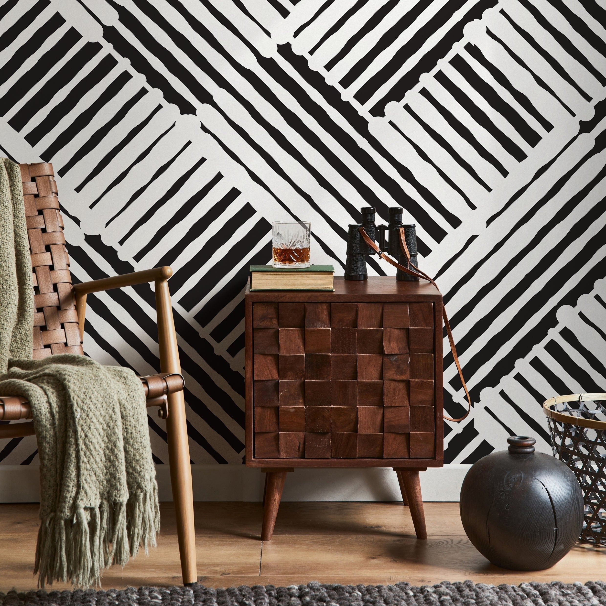 Abstract Wallpaper with a Bold Woven Line Motif in Black and White - B409 - Decor Addict, LLC