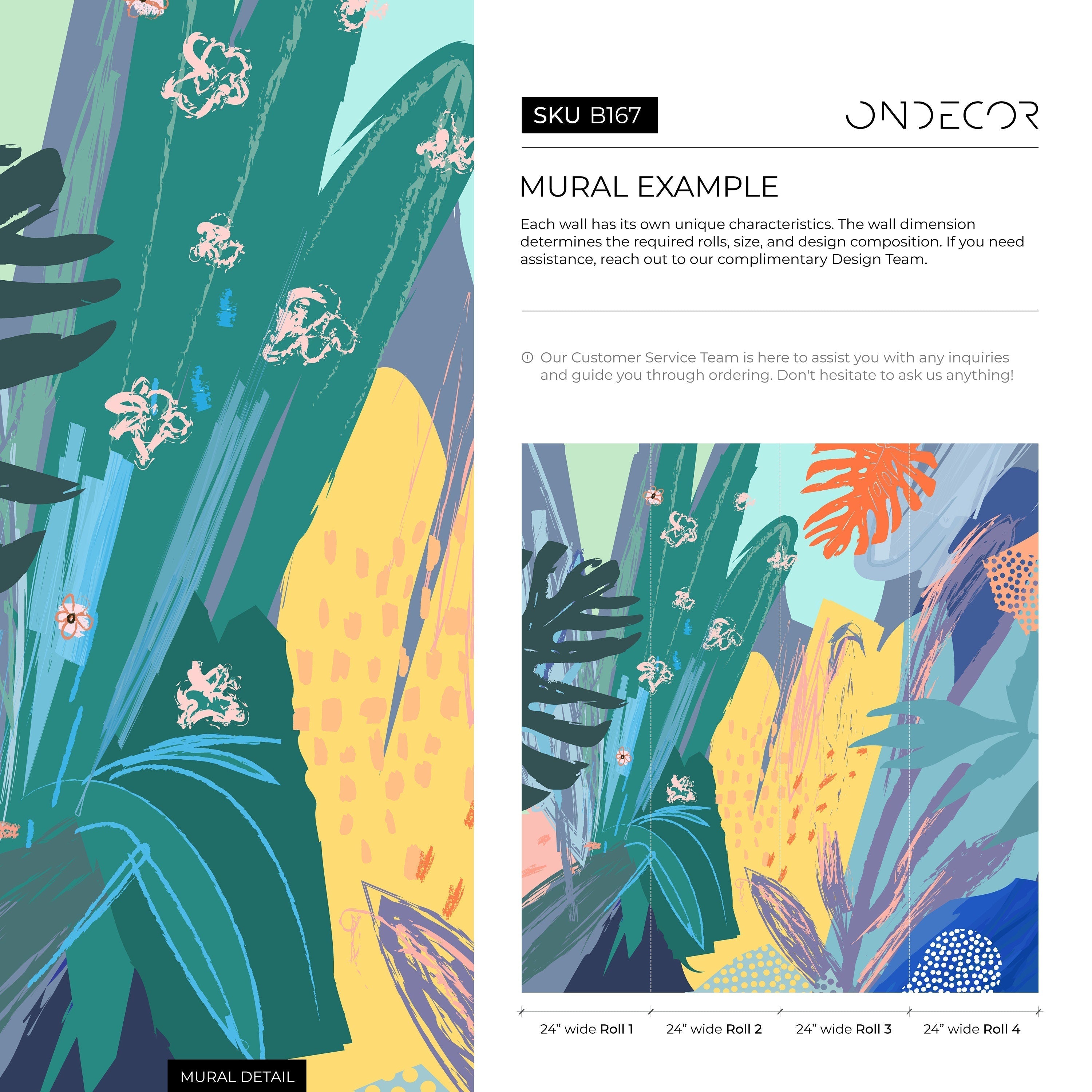 Abstract Wallpaper with a Botanical Brushstroke Collage in Teal, Yellow, and Blue - B167 - Decor Addict, LLC