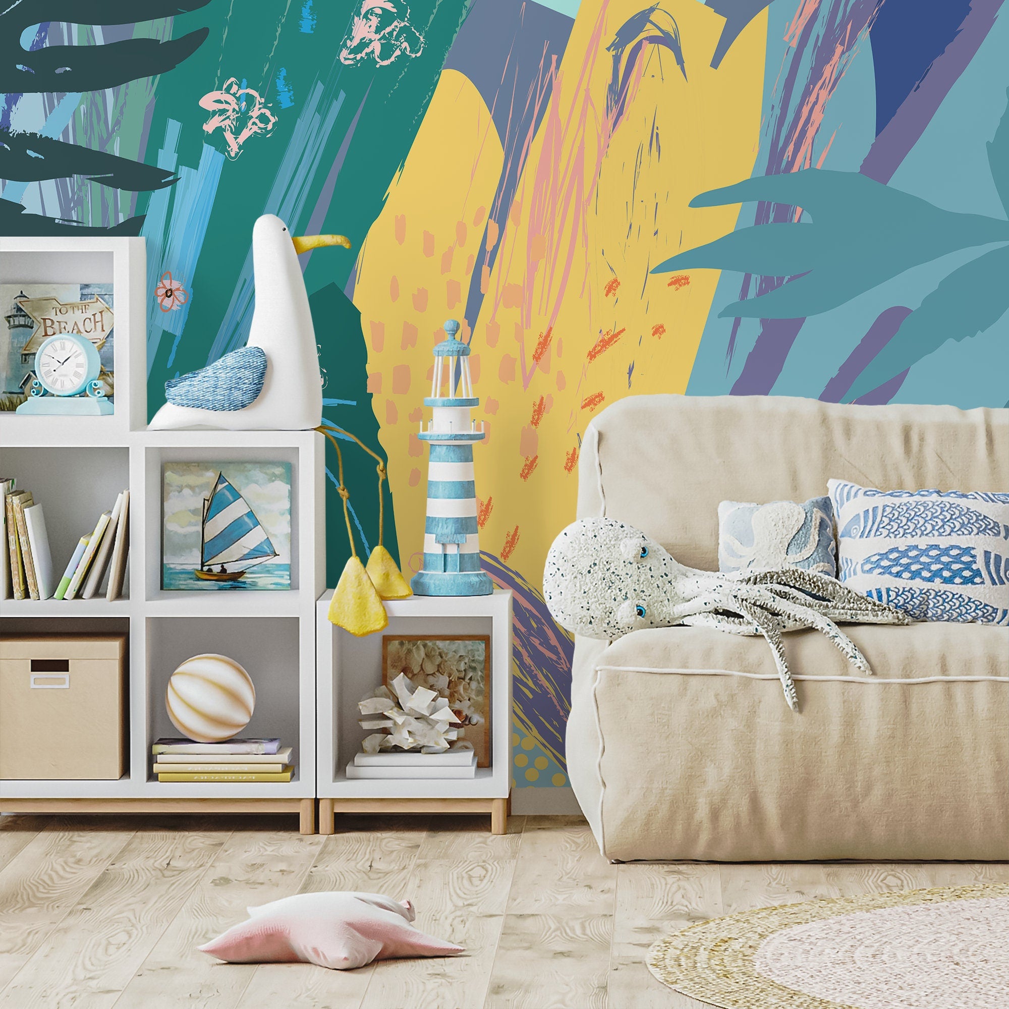 Abstract Wallpaper with a Botanical Brushstroke Collage in Teal, Yellow, and Blue - B167 - Decor Addict, LLC