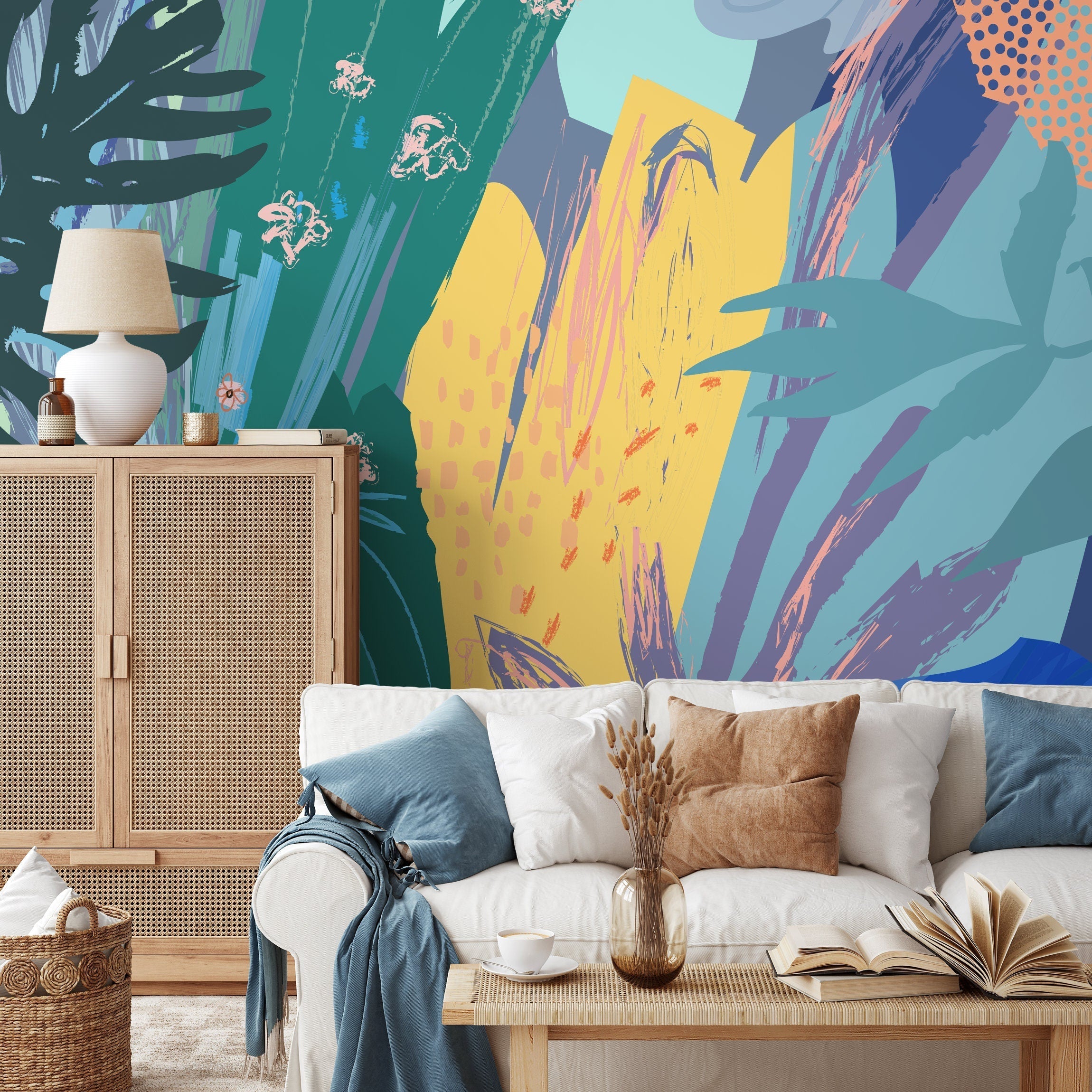 Abstract Wallpaper with a Botanical Brushstroke Collage in Teal, Yellow, and Blue - B167 - Decor Addict, LLC