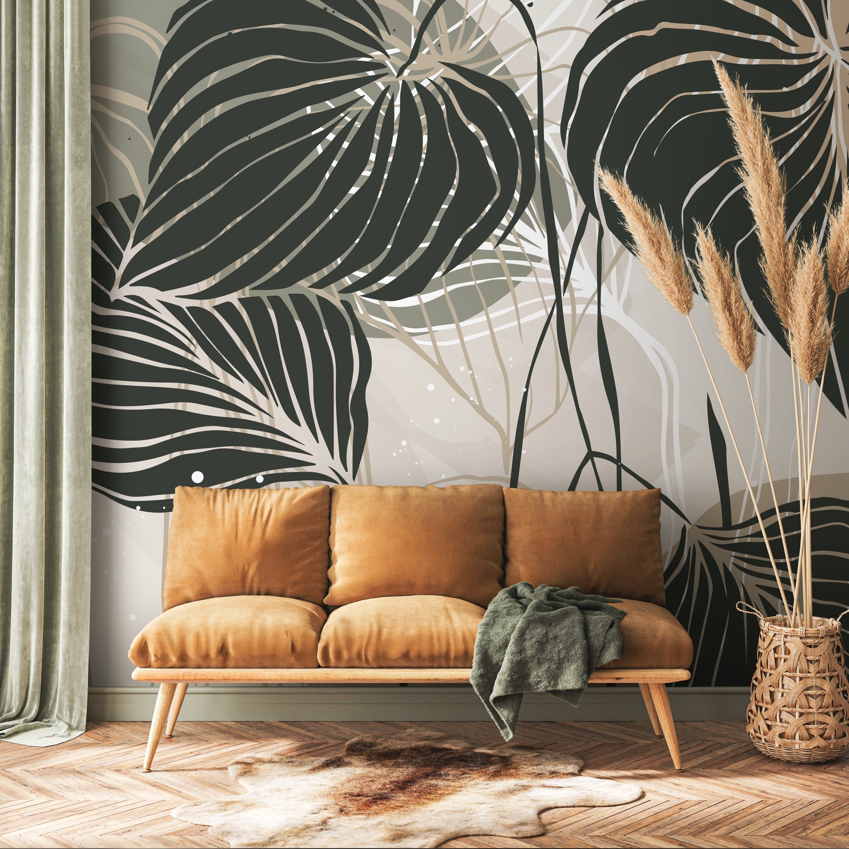 Botanical Wallpaper with Stylized Tropical Leaves in Dark Green, Sage, and Beige - B954 - Decor Addict, LLC