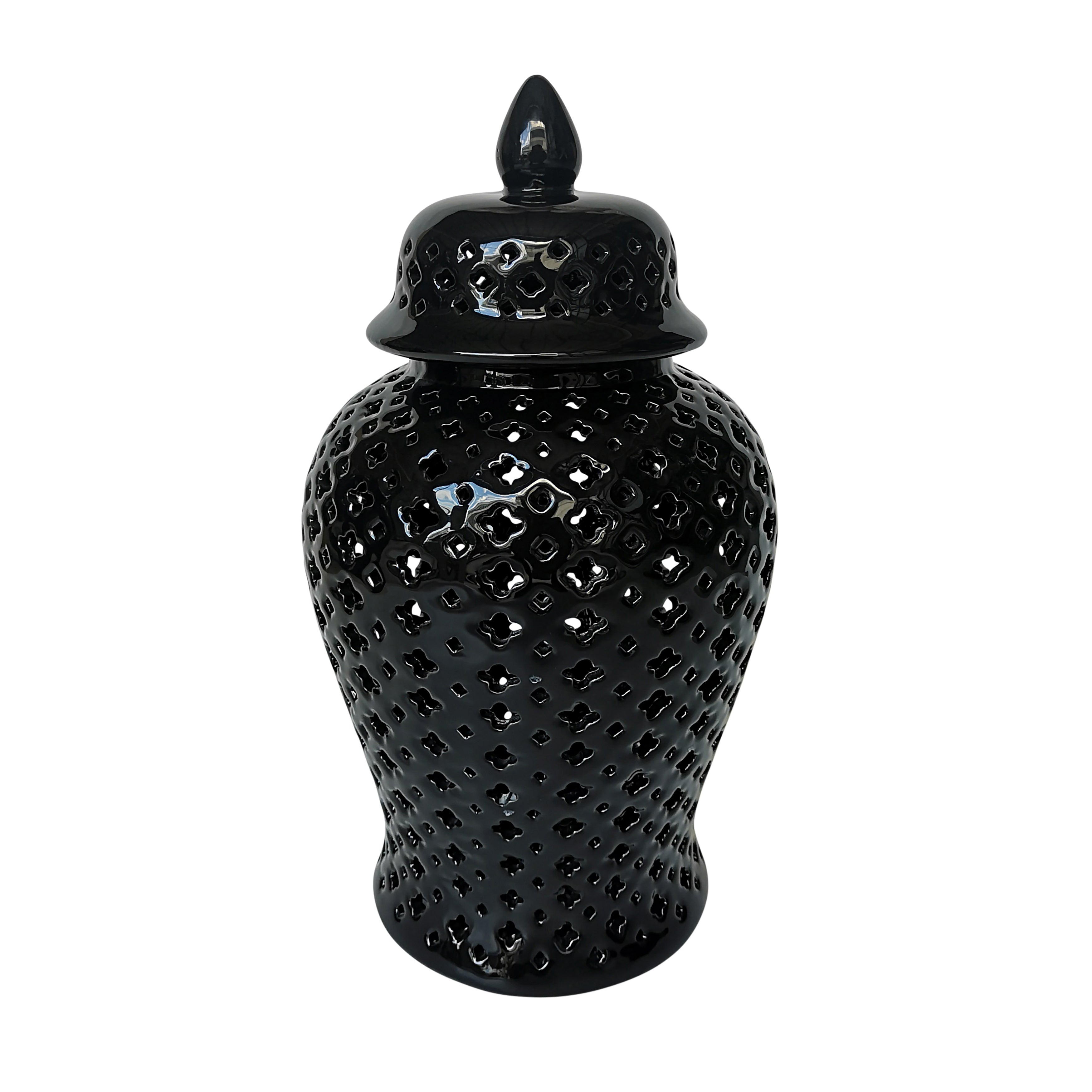 17" Cut-Out Clover Temple Jar, Black - Decor Addict, LLC