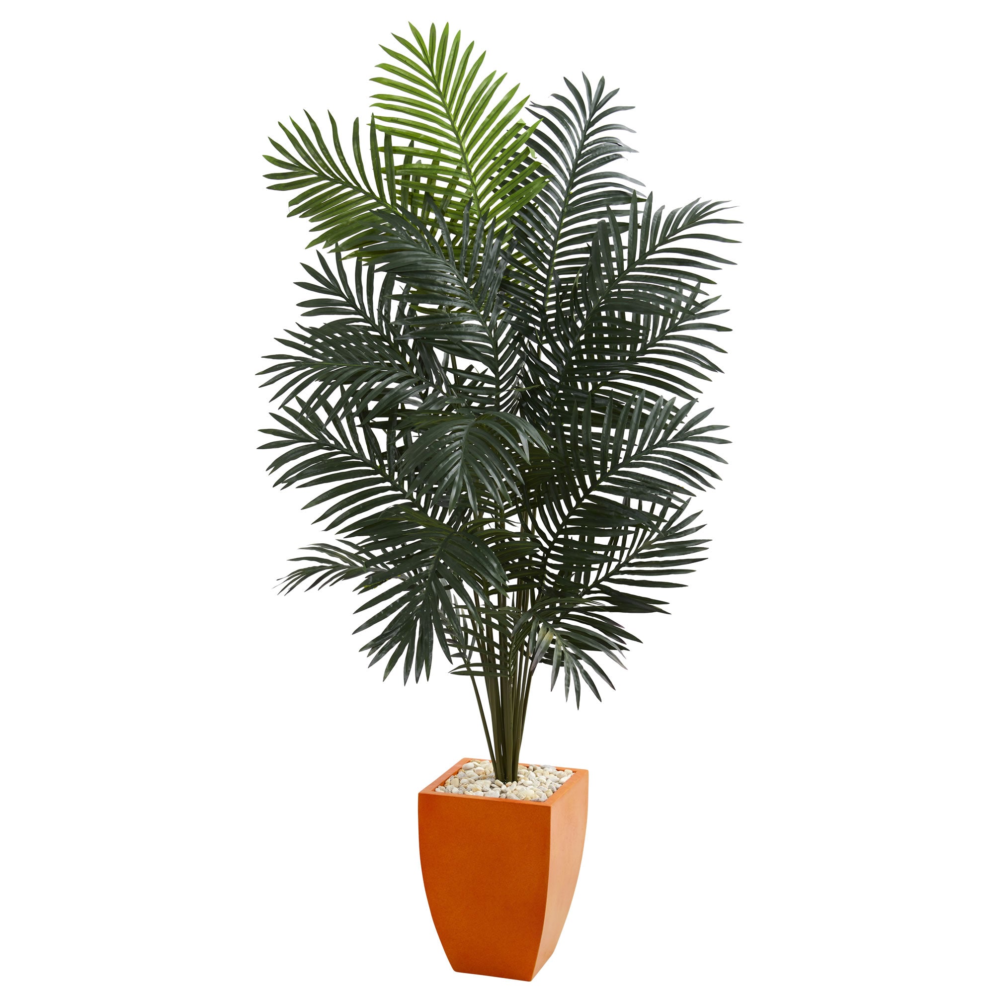 fake indoor palm plant Nearly Natural Paradise Artificial Palm Tree in Orange Planter, 6.5'
