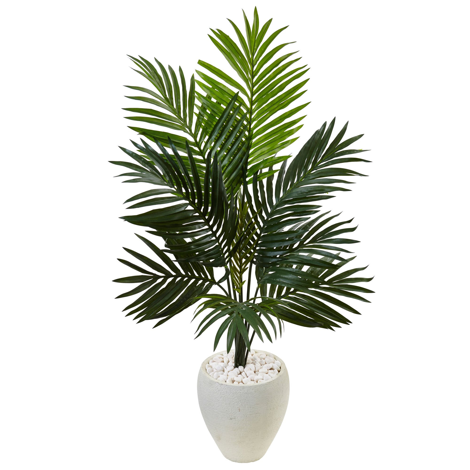 white oval plant pot Nearly Natural 4.5-foot Kentia Palm Tree in White Oval Planter