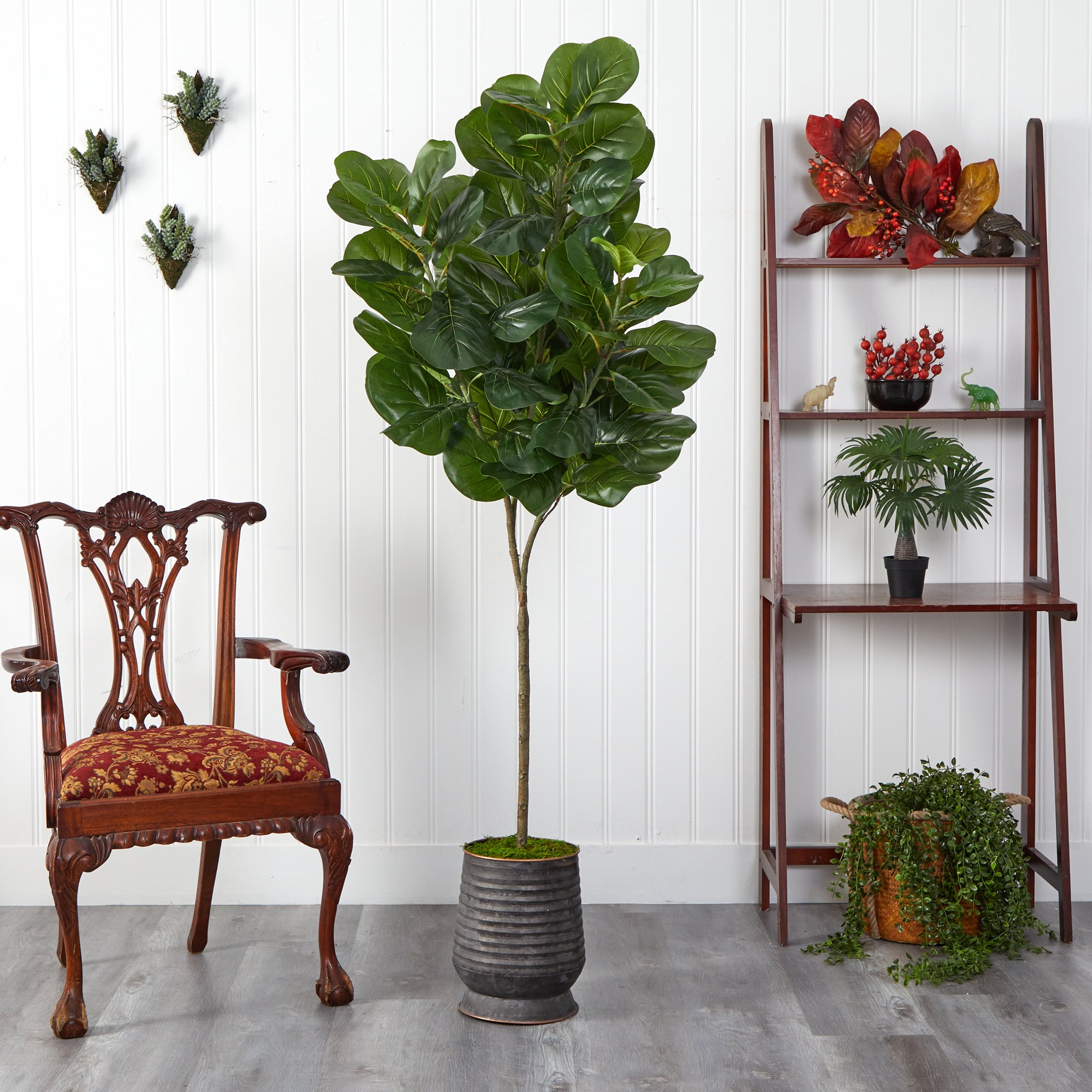 74” Fiddle leaf Fig Artificial Tree in Ribbed Metal Planter - Decor Addict, LLC