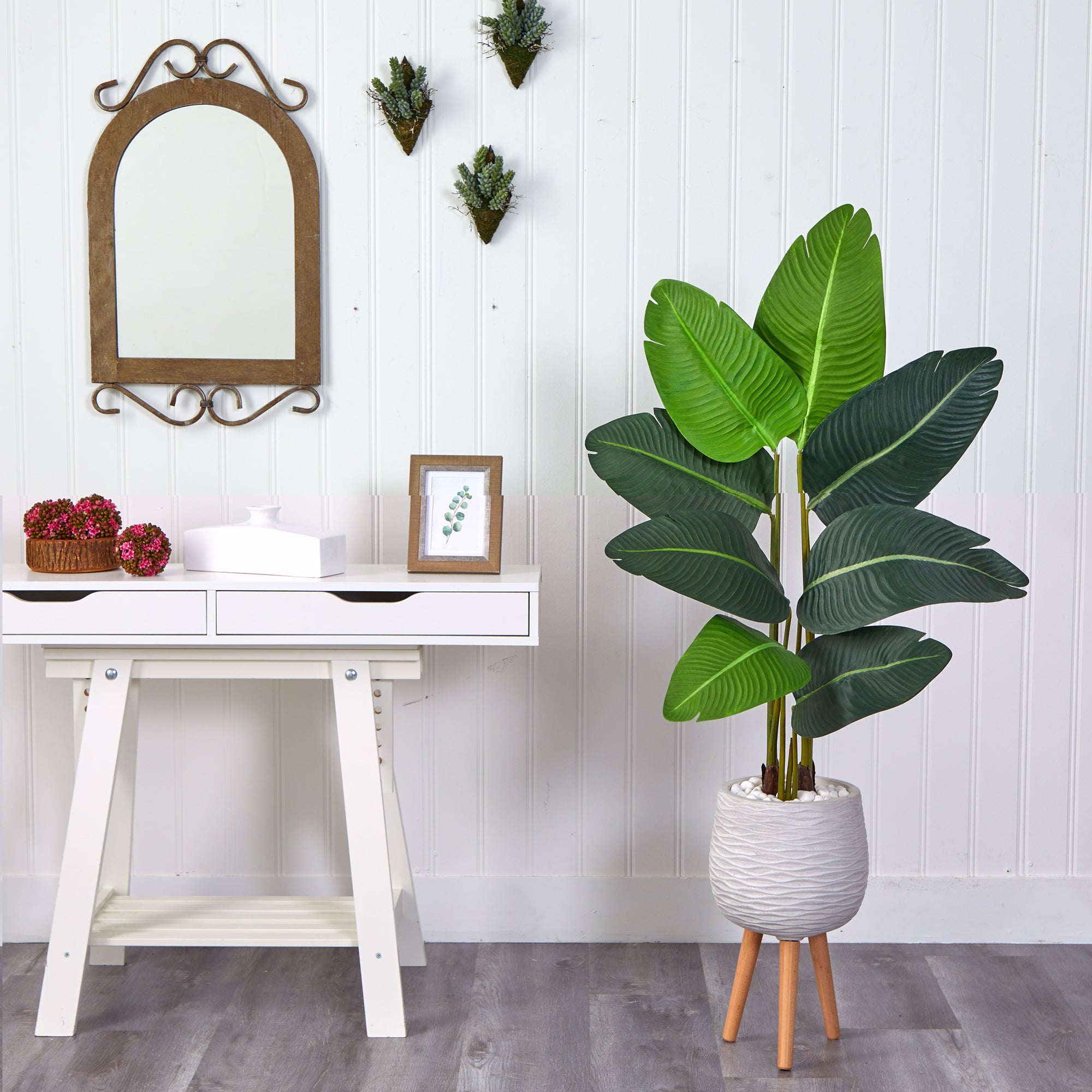5’ Travelers Palm Artificial Tree in White Planter with Stand - Decor Addict, LLC
