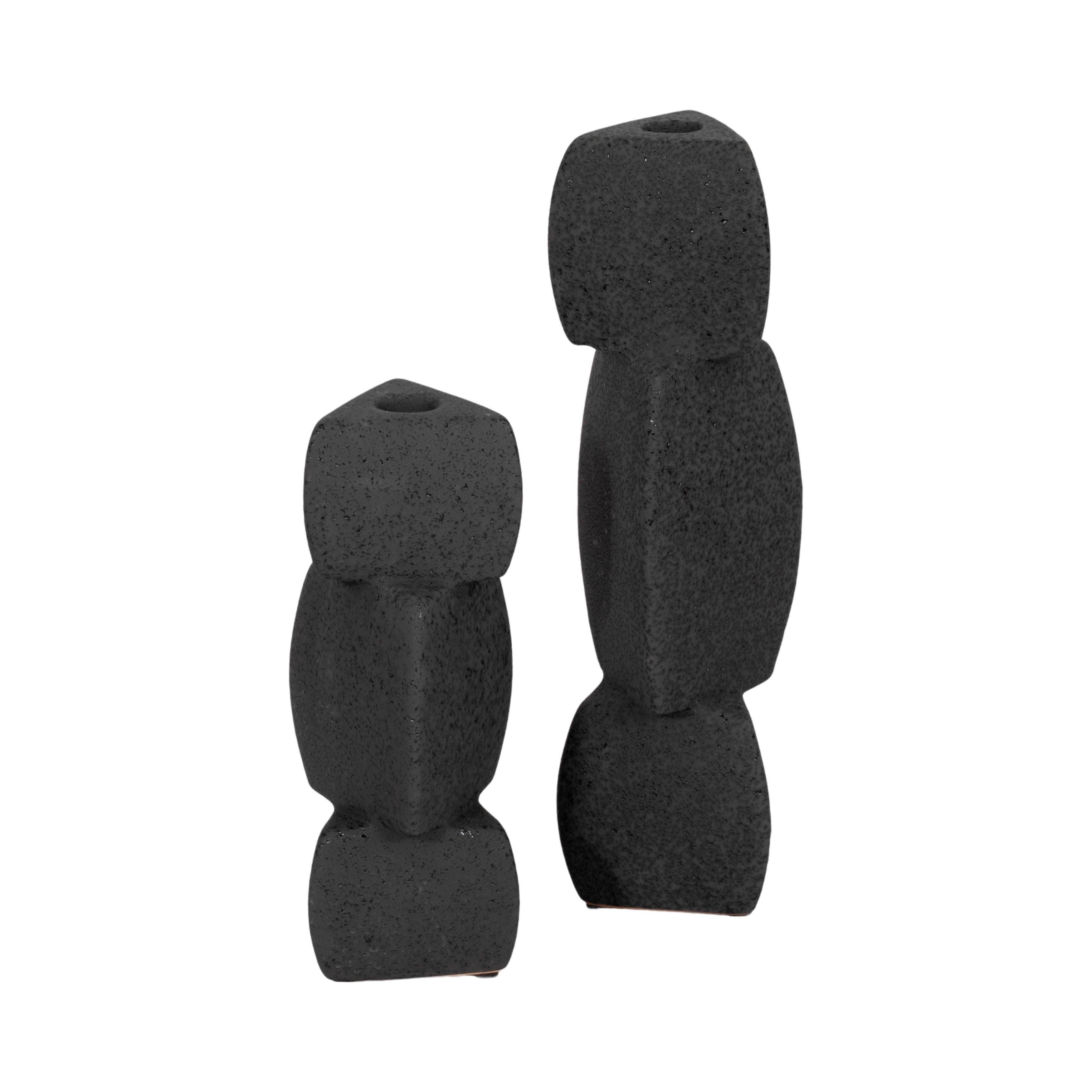 Black 9 in. Ceramic Stacked Objects Sand Glaze Taper Holder - Decor Addict, LLC