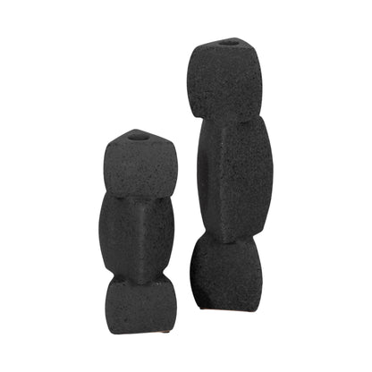 Black 9 in. Ceramic Stacked Objects Sand Glaze Taper Holder - Decor Addict, LLC