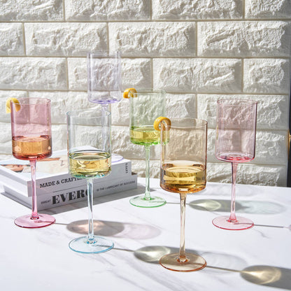 Colored Square Crystal Wine Glasses | 6 Set, 12 OZ