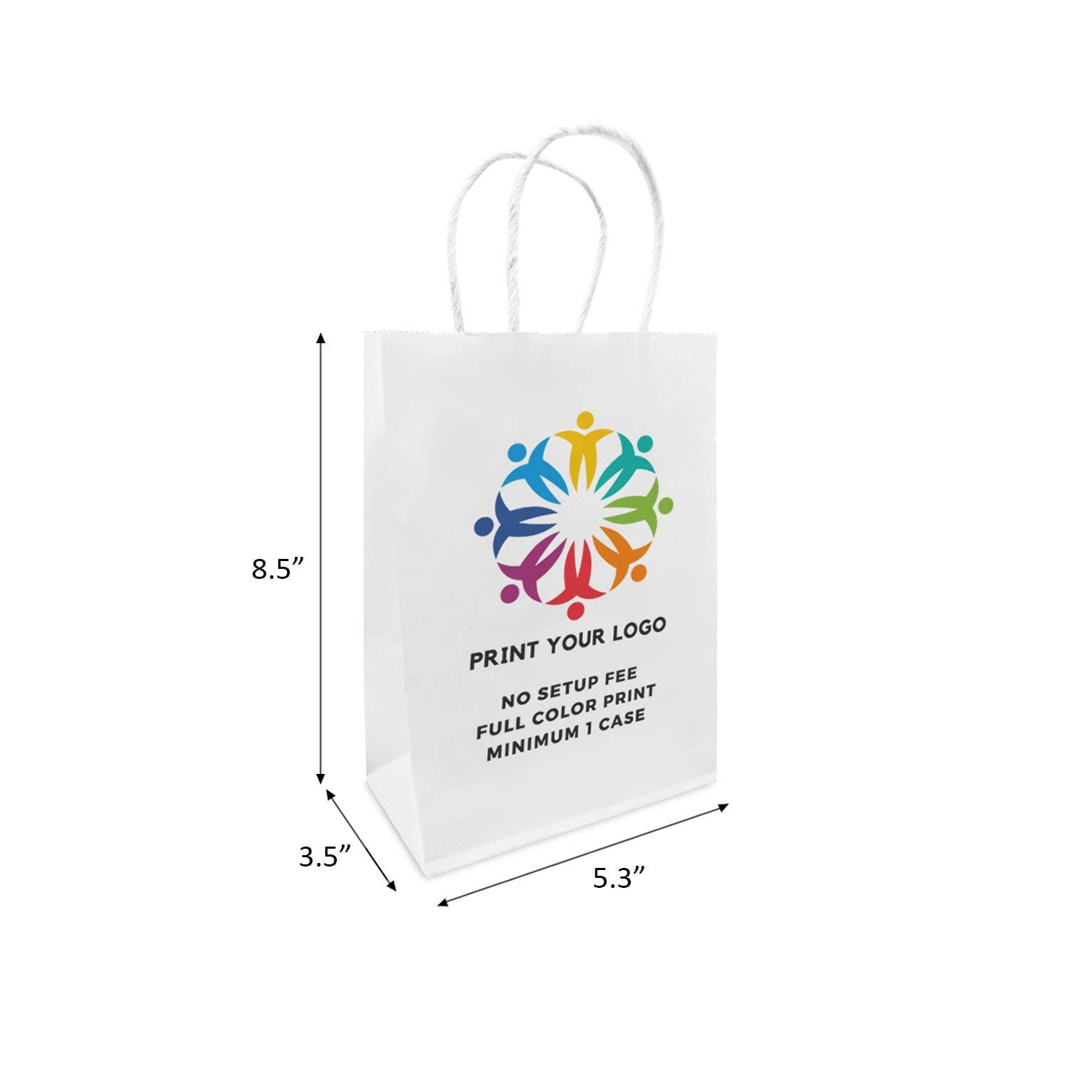 Custom Print Gem 5.3x3.5x8.5 inches White Paper Bags: 250 bags - $0.62/pc / 1 side print (front)