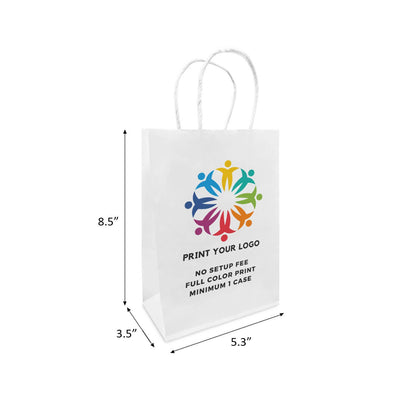 Custom Print Gem 5.3x3.5x8.5 inches White Paper Bags: 250 bags - $0.62/pc / 1 side print (front) - Decor Addict, LLC