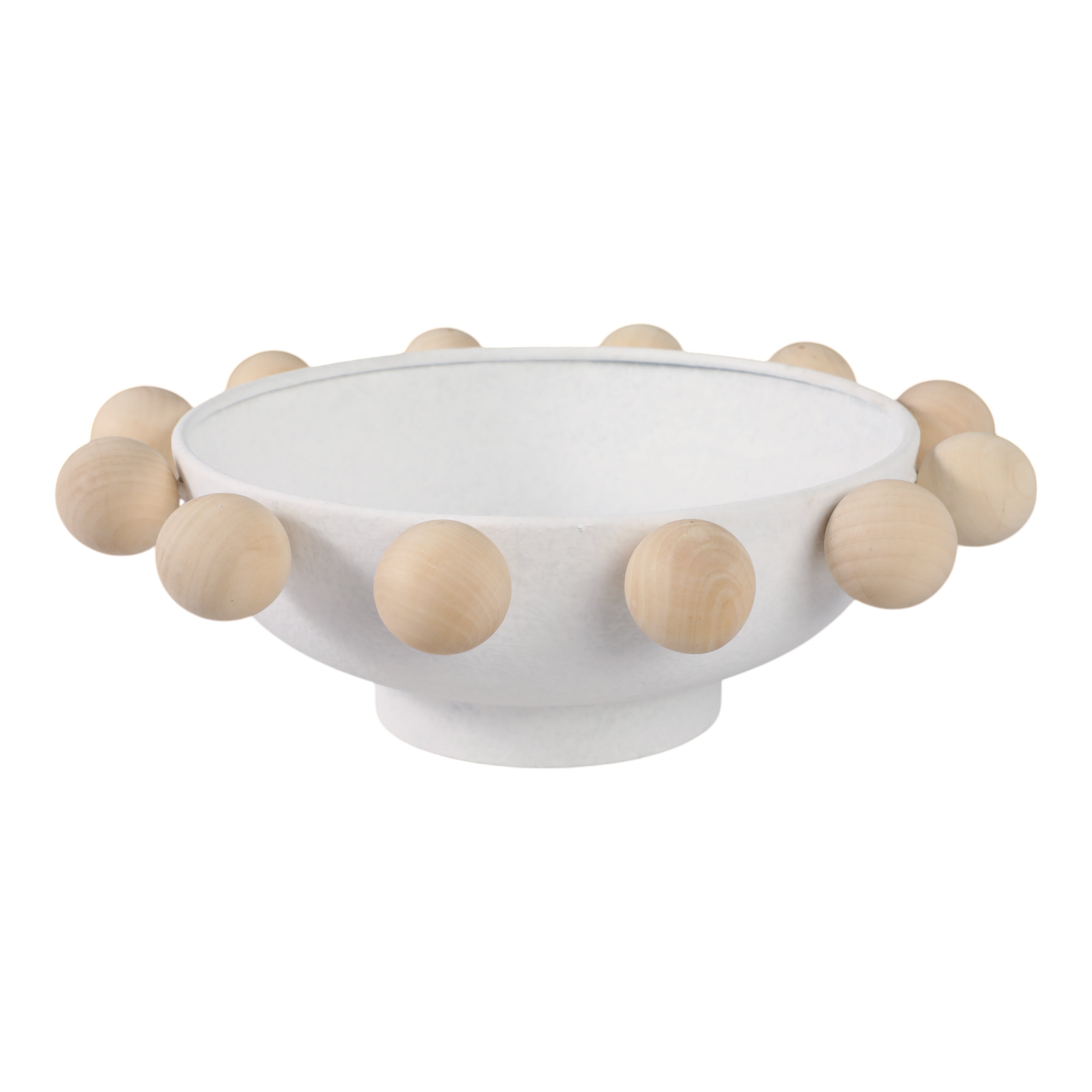 13" Bowl With Large Wooden Knobs, White - Decor Addict, LLC