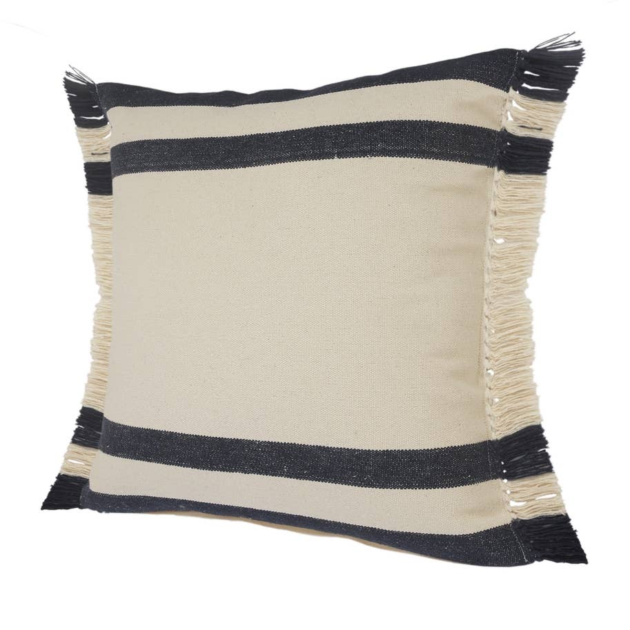 Double Blue Border Striped Throw Pillow with Fringe: Blue/White / 20" x 20" / Poly Filled - Decor Addict, LLC