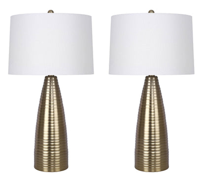 28" Metal Table Lamps ft. Ribbed Body Design (Set of 2): Gold Plated w/ Off-White Shades - Decor Addict, LLC