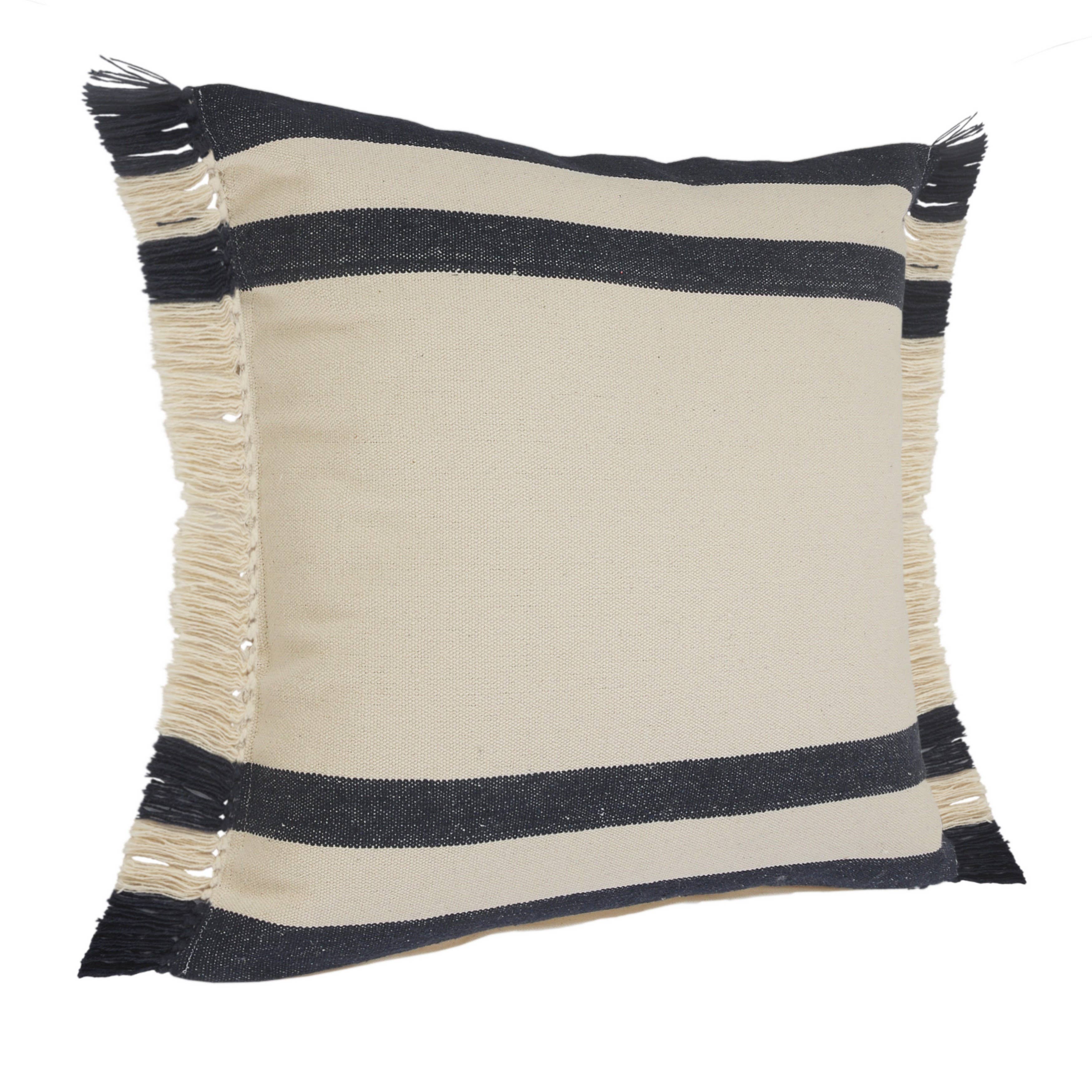 Double Blue Border Striped Throw Pillow with Fringe: Blue/White / 20" x 20" / Poly Filled - Decor Addict, LLC