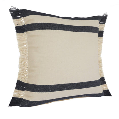 Double Blue Border Striped Throw Pillow with Fringe: Blue/White / 20" x 20" / Poly Filled - Decor Addict, LLC