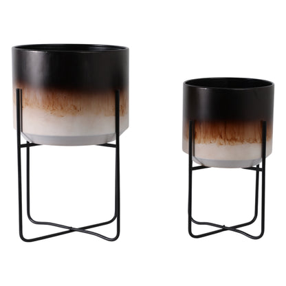 S/2 19/23" Ombre Metal Planters On Stands, Brown K - Decor Addict, LLC