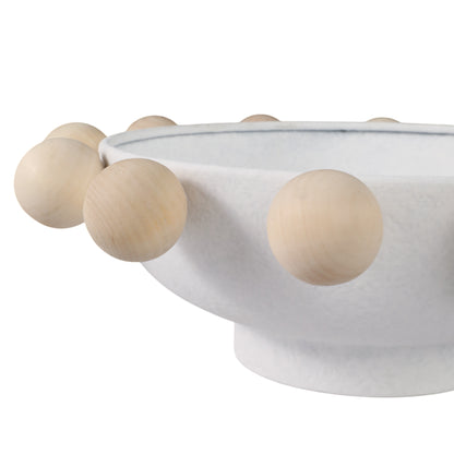 13" Bowl With Large Wooden Knobs, White - Decor Addict, LLC