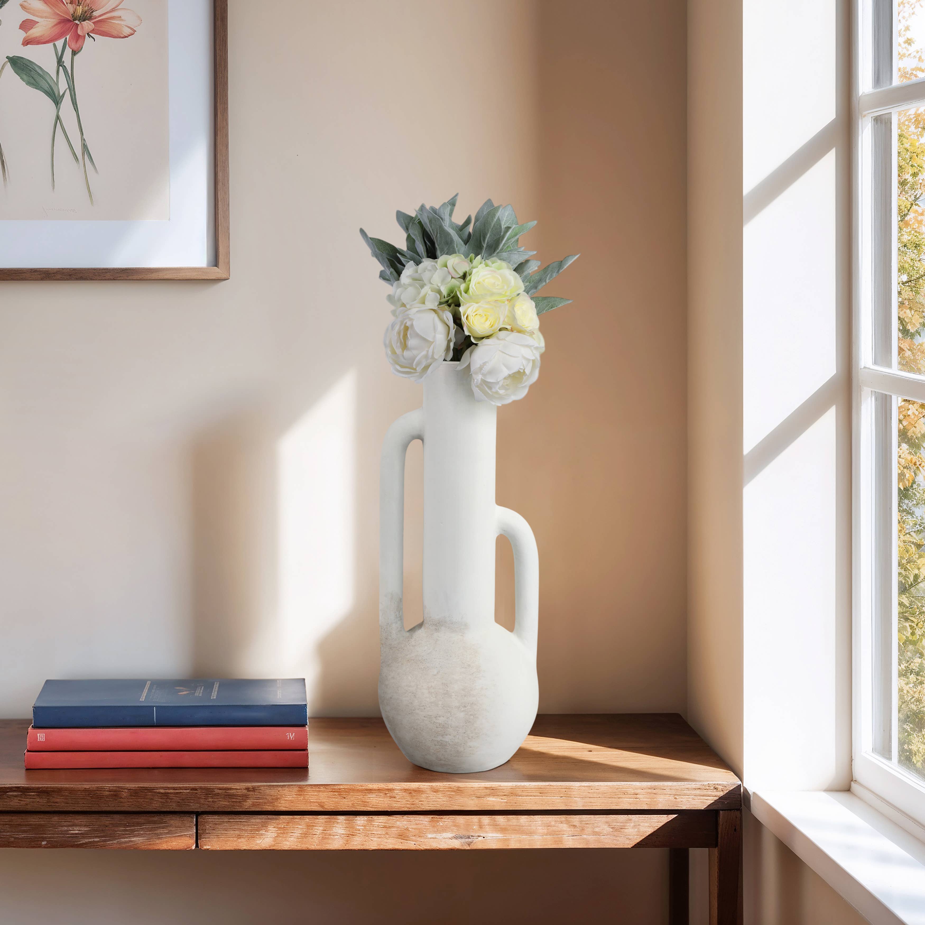 White 19 in. Terracotta Asymmetrical Eared Bottle Vase - Decor Addict, LLC