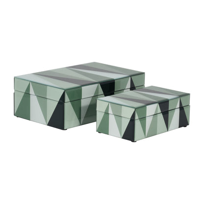 Glass, S/2 8/11" Triangles Boxes, Green/white - Decor Addict, LLC