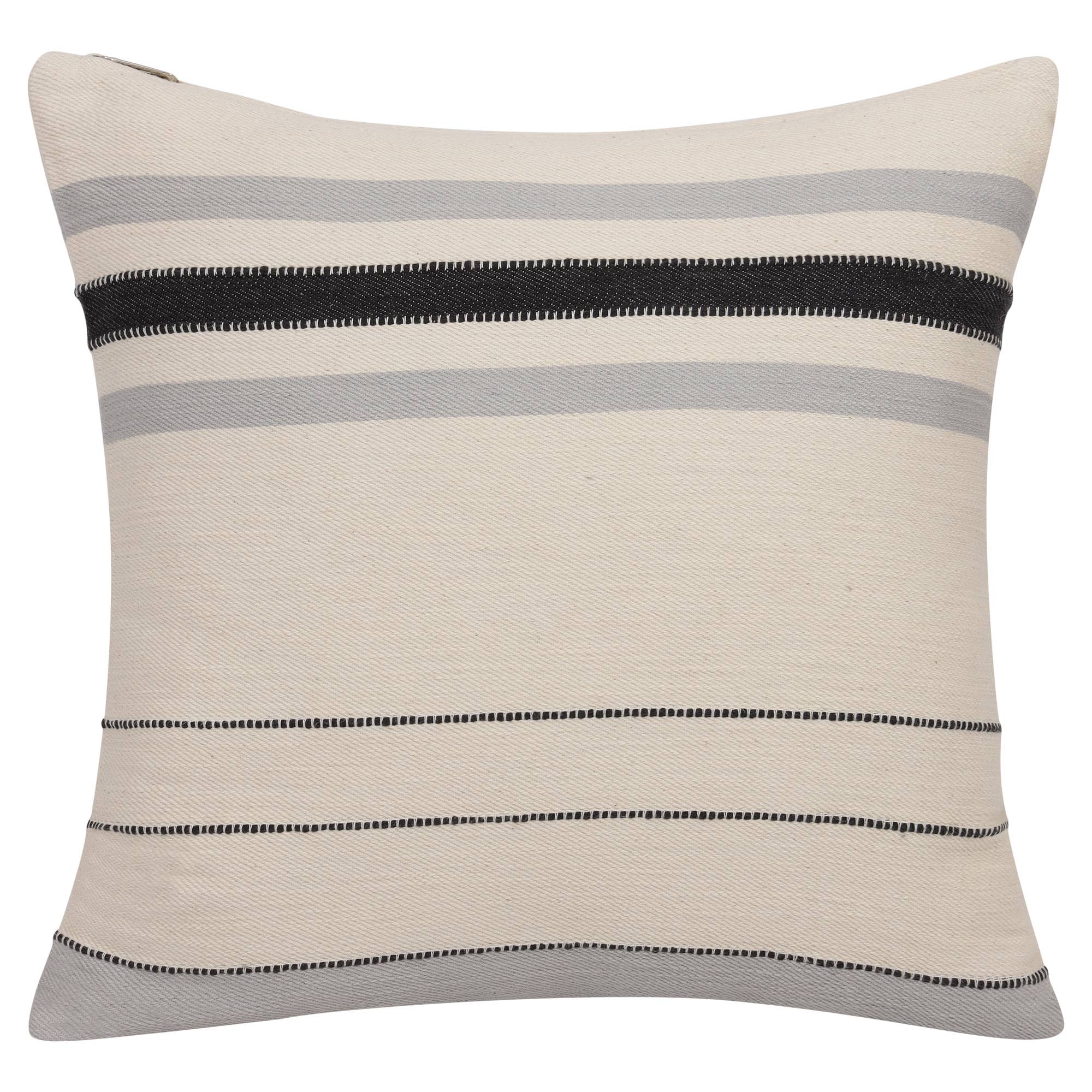 Transitional Hand-Woven Modern Striped Cotton Throw Pillow: Ivory/Brown / Pillow- Poly Filled - Decor Addict, LLC