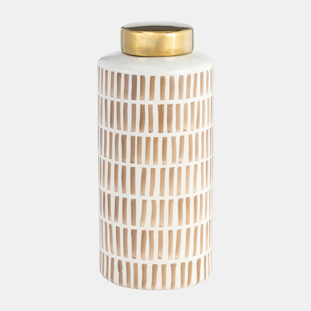 Decorative Ceramic Jar W/ Gold Lid, Tan - Thumbnail 2