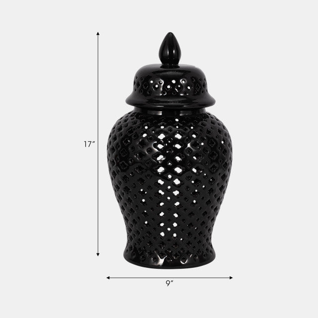 17" Cut-out Clover Temple Jar, Black - Decor Addict, LLC