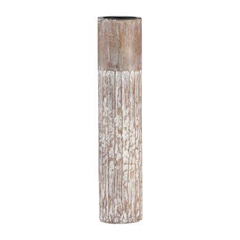 WOOD, 14"H 2-TONE TEXTURED CANDLE HOLDER, BROWN - Decor Addict, LLC