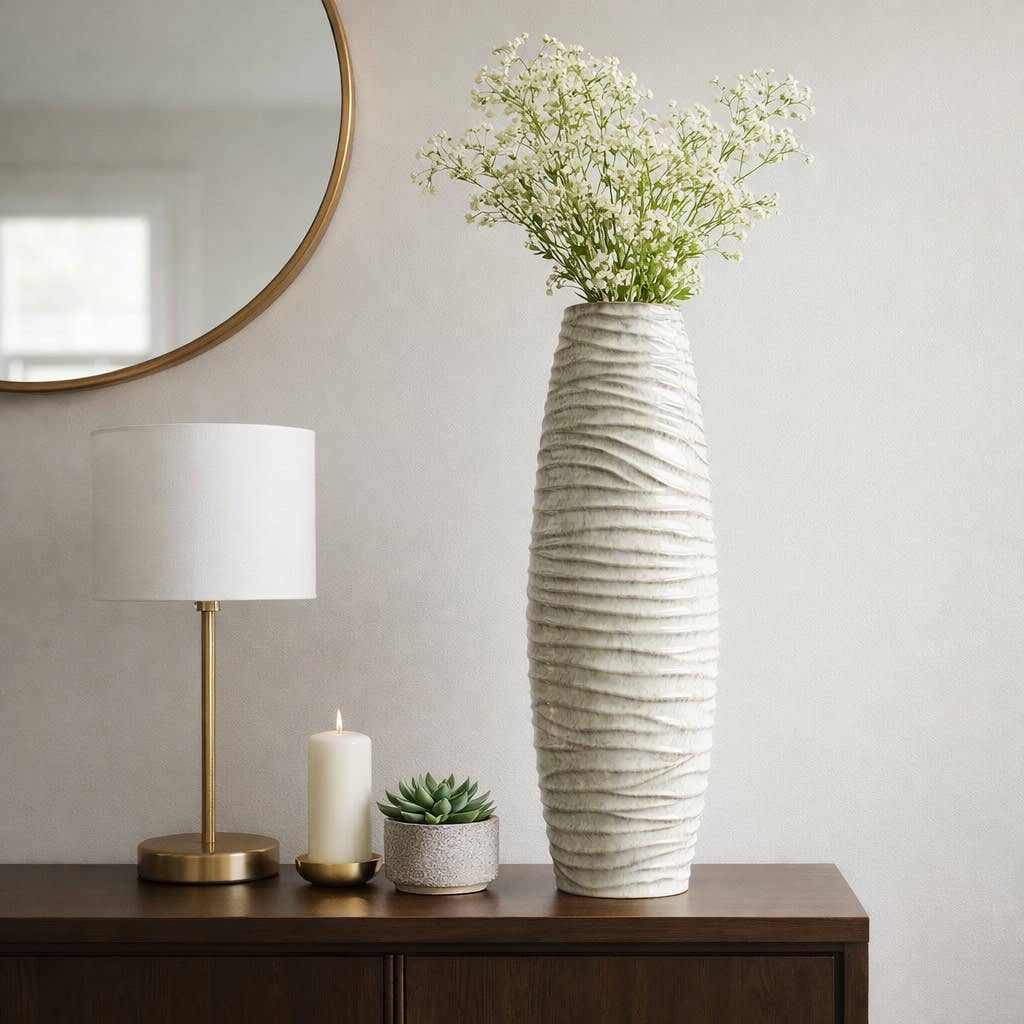 Decorative Vase - Gray Ceramic Ribbed Textured Design, 30 in - Decor Addict, LLC